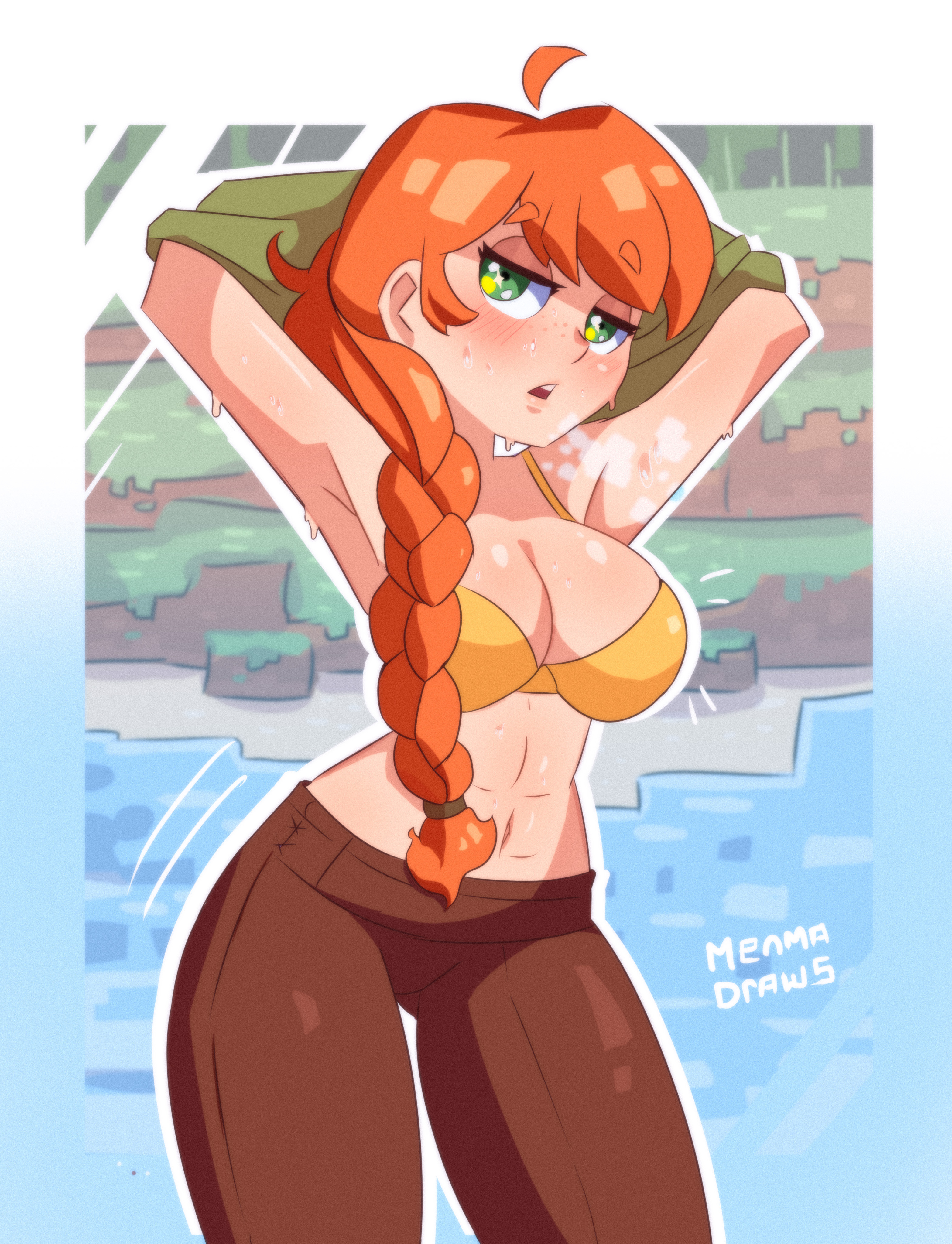 1girls, 2022, abs, alex (minecraft), arms behind head, artist name, big breasts, blush, blush lines, bra, breasts, breath, busty, cleavage, clothing, eyebrows visible through hair, female, female only, freckles, freckles on face, green eyes, large breasts, light skin, light-skinned female, looking at viewer, menmadraws, minecraft, navel, orange hair, pants, ponytail, sensual, sexy armpits, shiny skin, shirt, shirt lift, solo, standing, sweat, thighs, undressing, very long hair, yellow bra