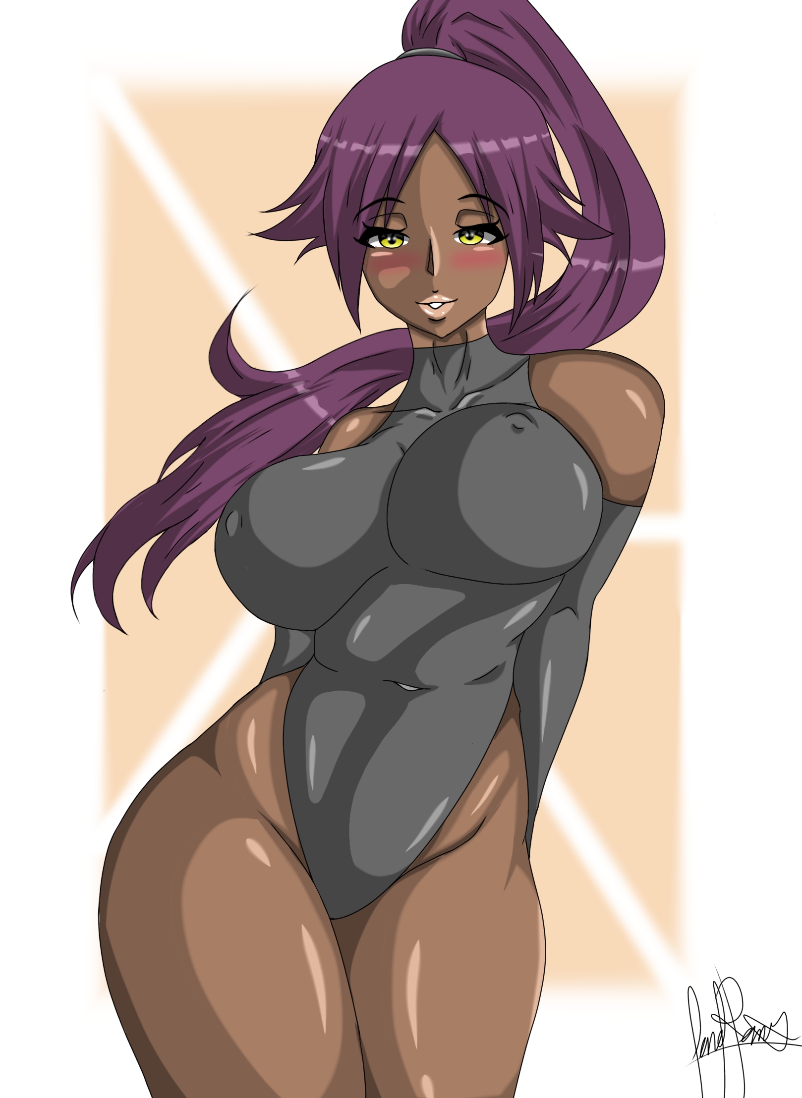 bleach, breasts, brown skin, curvaceous, dark skin, dark-skinned female, dilane93, erect nipples, erect nipples under clothes, female, female only, large breasts, nipples, ponytail, purple hair, shihouin yoruichi, solo, solo focus, tied hair, tight clothing, wide hips