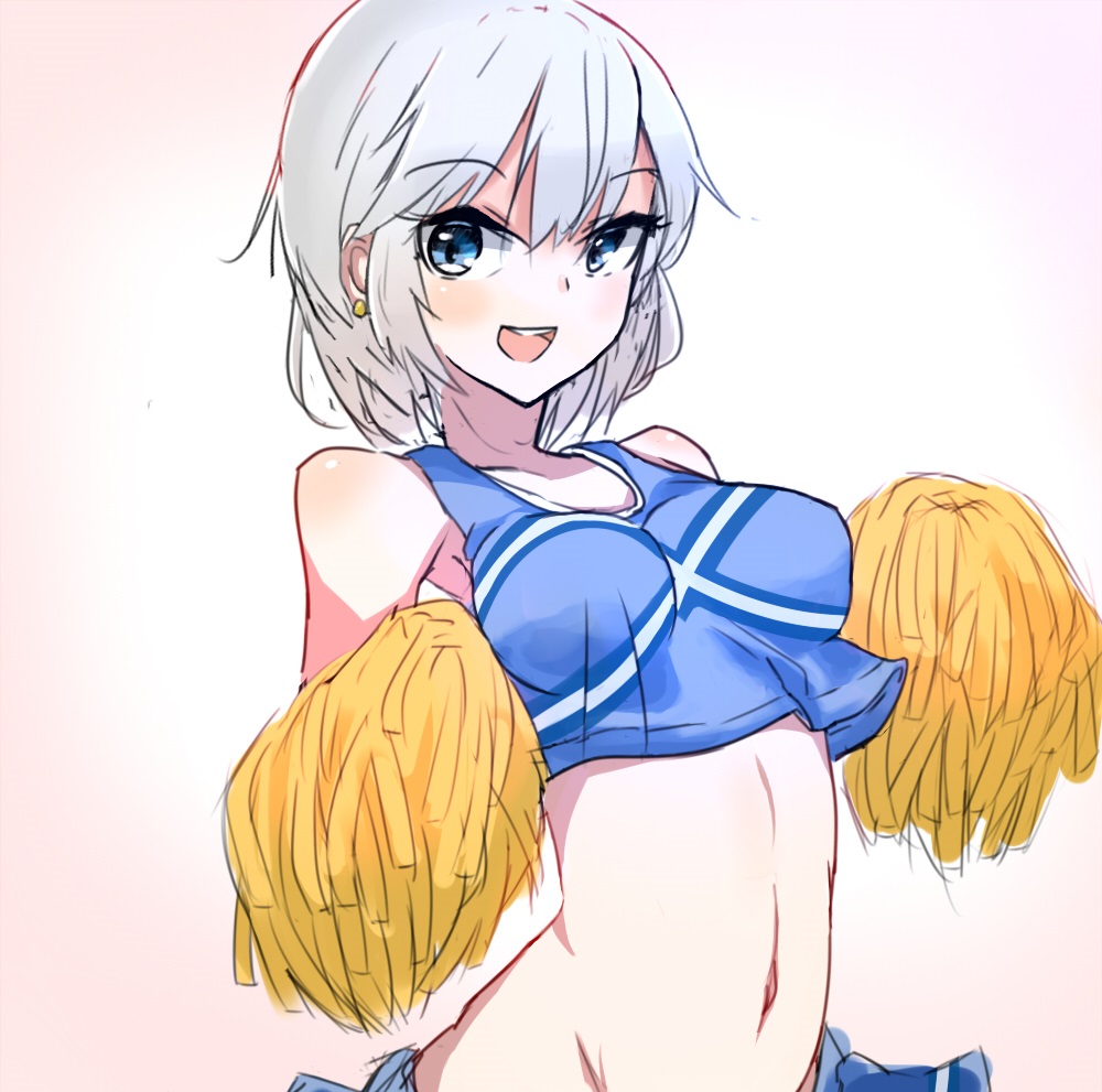 10s anastasia_(idolmaster) blue_eyes blue_theme cheerleader crop_top crop_top_overhang eyes female idolmaster idolmaster_cinderella_girls looking_at_viewer midriff navel open_mouth pom_pom_(cheerleading) short_hair silver silver_hair skirt smile solo