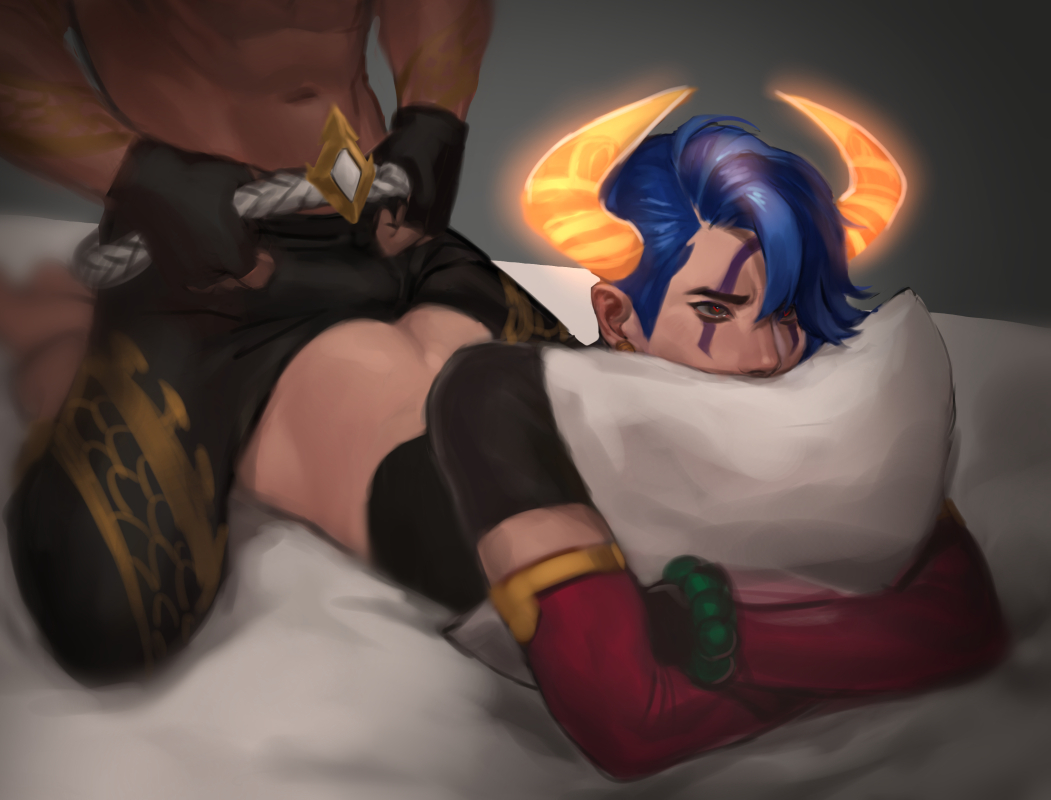 2boys aphelios blue_hair bulge dragonmancers_series facial_markings fingerless_gloves gay horns hugging_pillow imminent_sex league_of_legends lunar_beast_aphelios lunar_beast_series lunar_new_year male male/male male_only nervous obsidian_dragon_sett on_bed on_stomach painting_(artwork) pillow_grab pillow_hug sett solo_focus topless yaoi