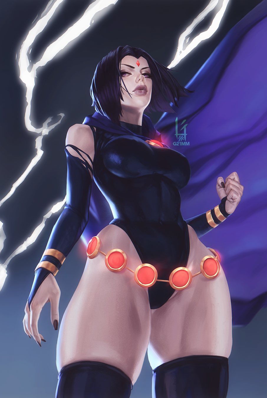 1girls arm_sleeves athletic belt black_fingernails cape dc dc_comics female female_only fit forehead_jewel g21mm leotard lightning looking_at_viewer medium_hair narrowed_eyes pale-skinned_female pale_skin purple_hair rachel_roth raven_(dc) skindentation solo solo_female straight_hair superheroine teen_titans thick_thighs thigh_squish thighhighs thunder viewed_from_below