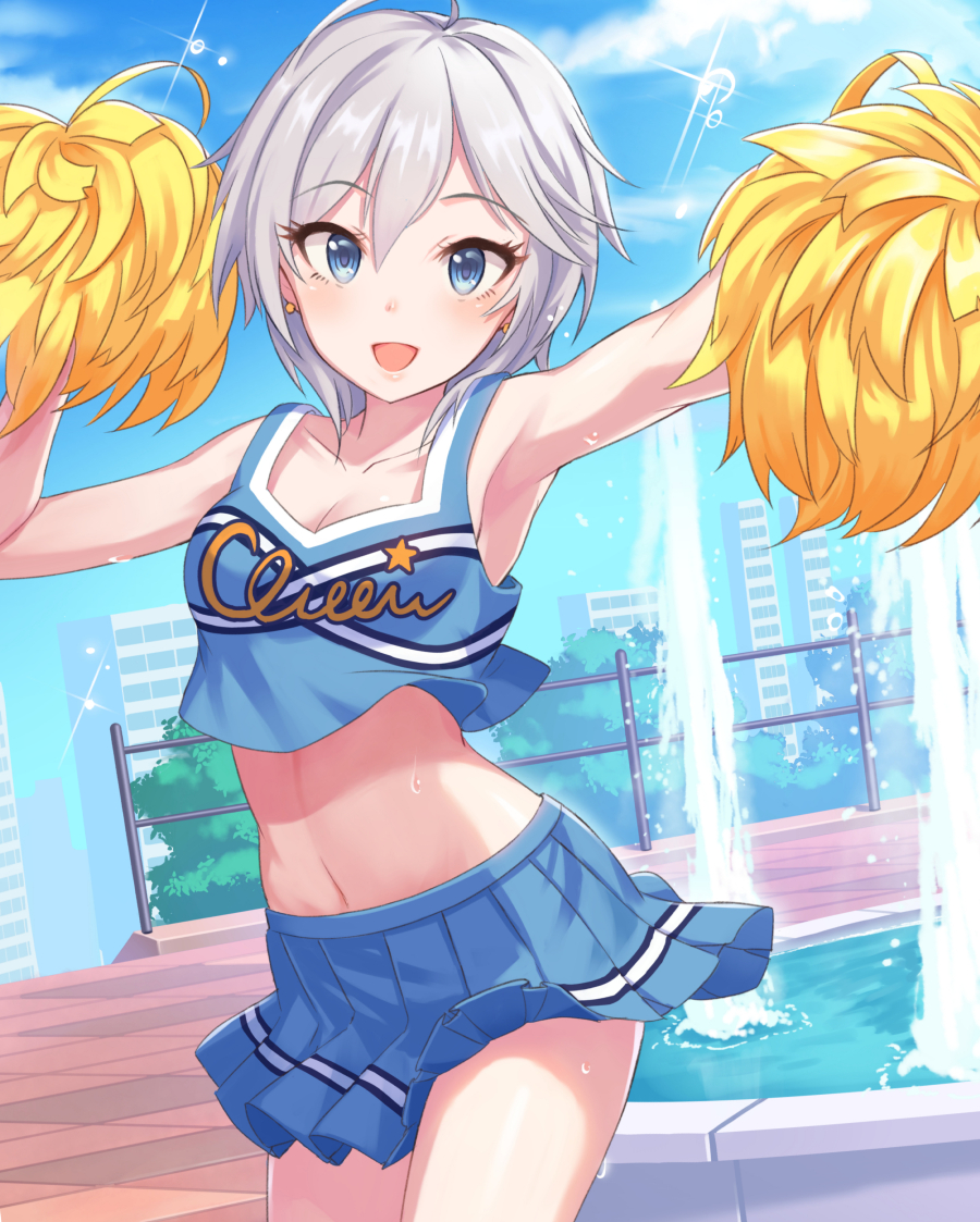 10s :d anastasia_(idolmaster) armpits blue_eyes blue_skirt cheerleader crop_top crop_top_overhang day earrings female fence fountain idolmaster idolmaster_cinderella_girls jewelry looking_at_viewer midriff navel open_mouth outdoors pom_pom_(cheerleading) shiny shiny_skin short_hair silver_hair skirt smile solo standing tamakaga