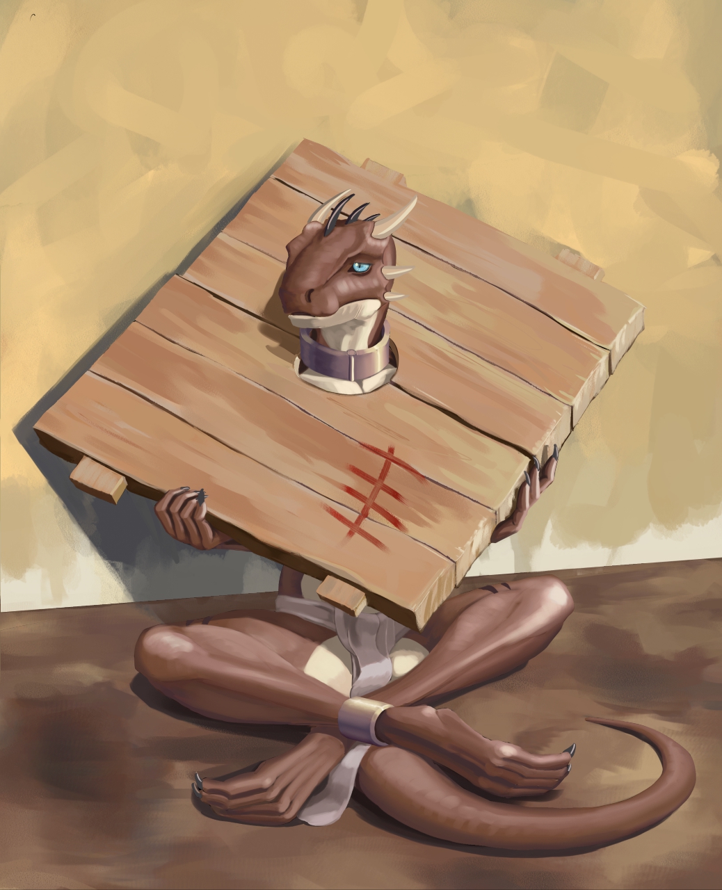 2020 ankle_cuffs anthro argonian barefoot bethesda_softworks blue_eyes bondage bondage bottomwear bound brown_body brown_scales clothing collar crossed_legs cuff_(restraint) day feet hi_res horn kii-nam_(skythe) loincloth looking_aside male markings mitokep outside reptile restraints scale_markings scales scalie sitting slave solo stocks submissive submissive_male tally_marks the_elder_scrolls video_games white_body white_scales