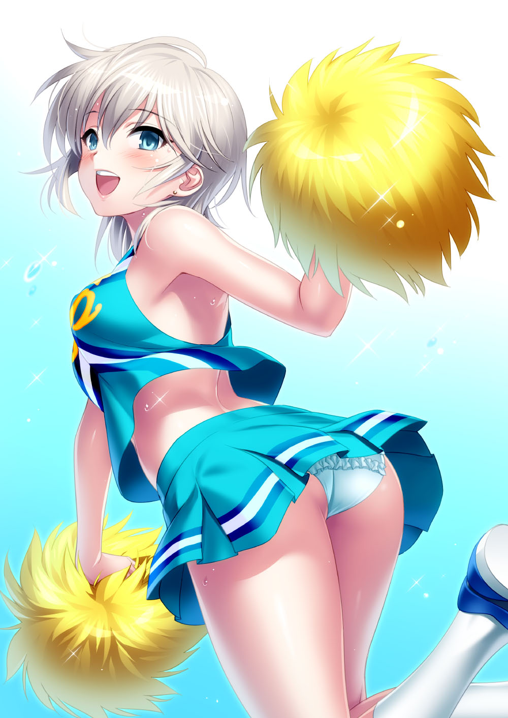 anastasia_(idolmaster) ass bangs bare_shoulders blue_background blue_eyes blue_panties blue_skirt blush breasts character_name cheerleader commentary_request copyright_name crop_top crop_top_overhang female gradient gradient_background hair_between_eyes highres idolmaster idolmaster_cinderella_girls looking_at_viewer looking_back medium_breasts midriff miniskirt open_mouth panties pleated_skirt pom_pom_(cheerleading) short_hair silver_hair skirt sleeveless smile solo sweat thighs underwear