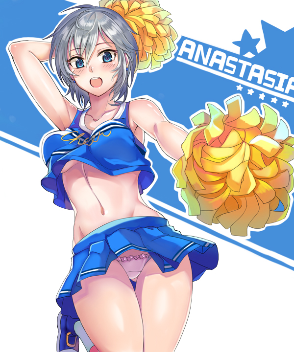 10s anastasia_(idolmaster) arm_up ashita_(2010) bad_id bad_pixiv_id blue_eyes blush breasts cheerleader female female_focus frilled_panties frills idolmaster idolmaster_cinderella_girls large_breasts looking_at_viewer midriff navel no_bra open_mouth panties pantyshot pink_panties pom_pom_(cheerleading) short_hair silver_hair sleeveless solo underboob underwear