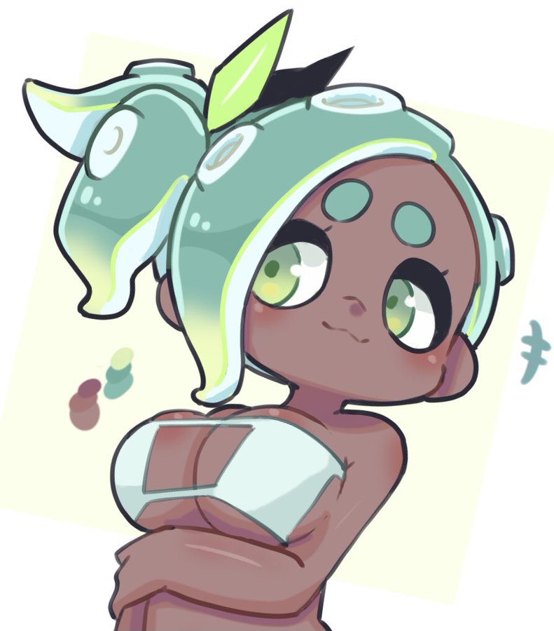 blush, breasts, dark skin, dark-skinned female, female, green hair, octoling, simple background, smile, splatoon, swimsuit, whichdoll