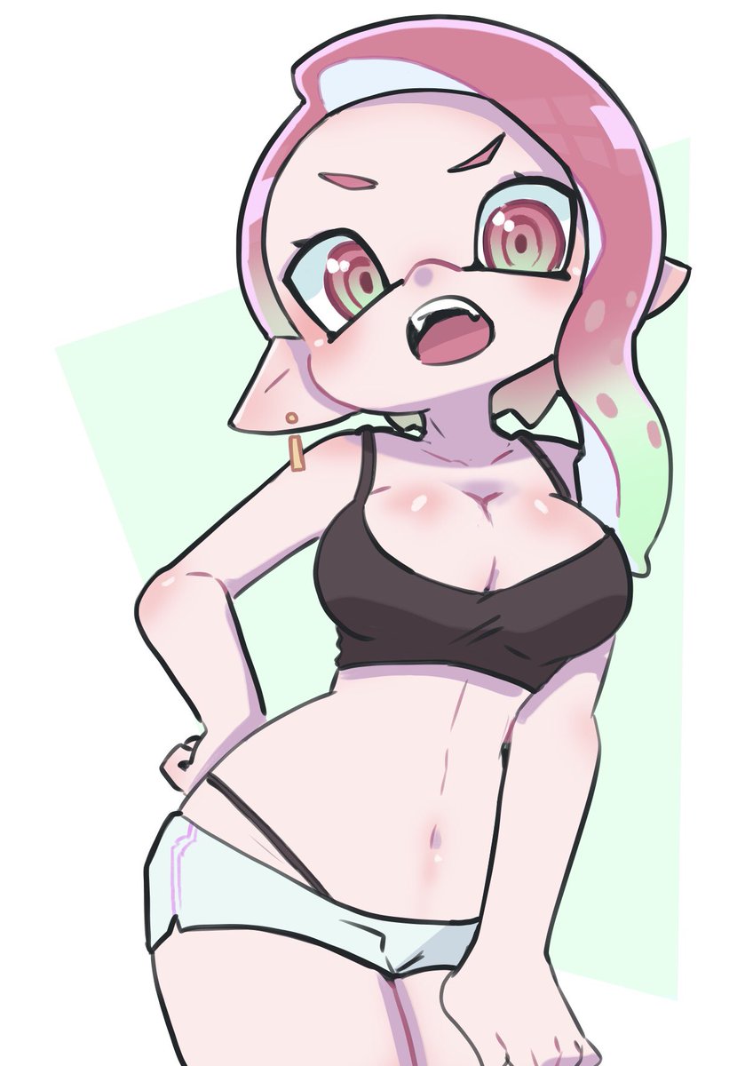 female, green hair, inkling, inkling girl, pink hair, simple background, splatoon, whichdoll