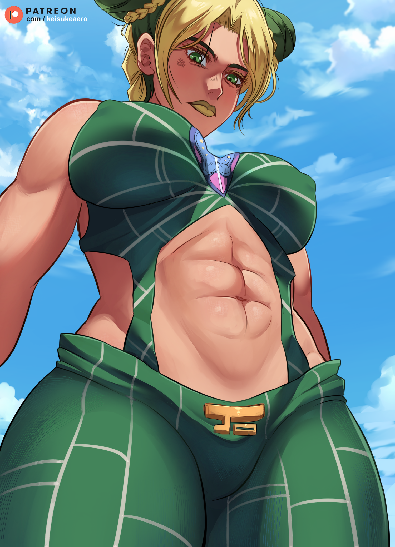 1girls, abs, background, breasts, clouds, female, female only, fully clothed, green clothes, green clothing, green eyes, green hair, green lips, green lipstick, jojo's bizarre adventure, jolyne kujo, keisuke aero, looking down, low-angle view, muscular, muscular female, nipples, nipples visible through clothing, oppai, serious, serious look, sky, solo, stone ocean, thick thighs, thighs, tied hair, toned, toned female, tummy, viewed from below, yellow hair