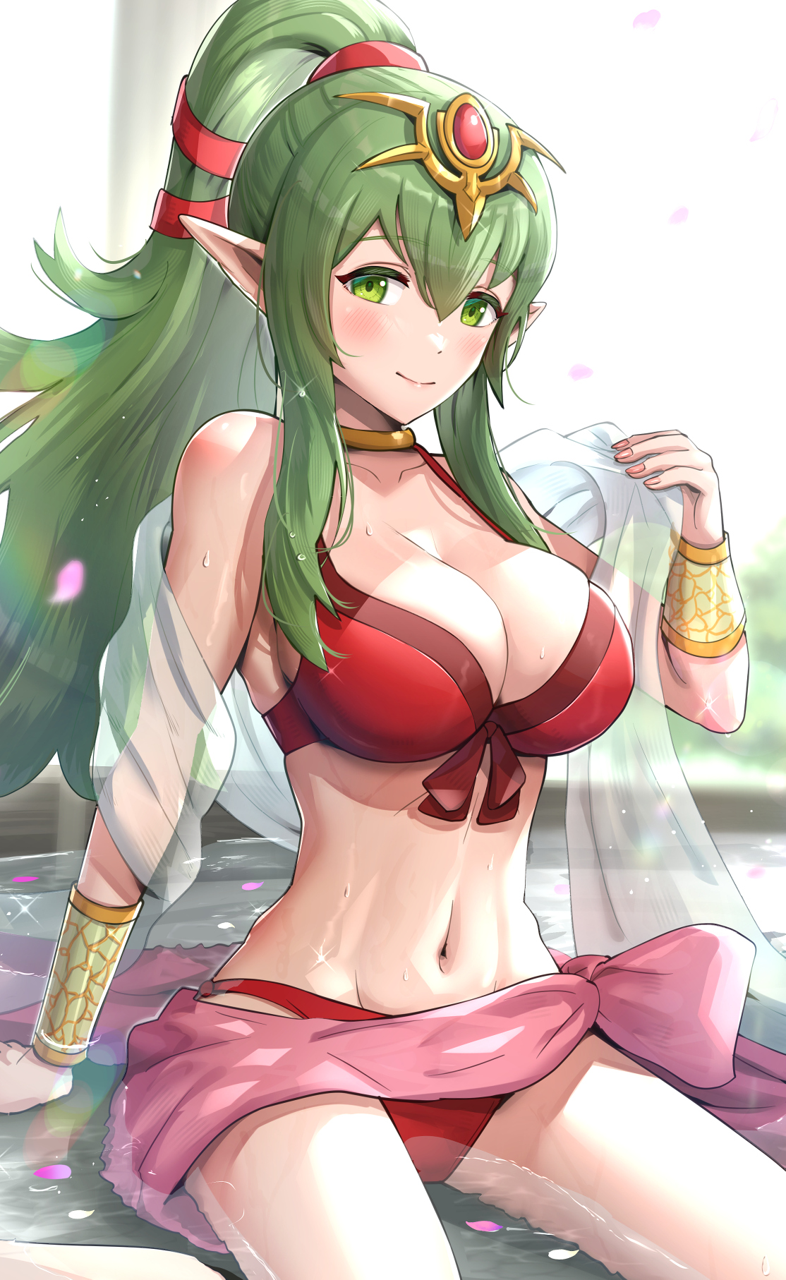 1girls, alternate costume, arm support, bangs, bare shoulders, bikini, blush, bracelet, breasts, cleavage, closed mouth, collarbone, commentary, female, female only, fire emblem, fire emblem awakening, fire emblem heroes, gonzarez, green eyes, green hair, groin, highres, jewelry, large breasts, lips, long hair, looking at viewer, navel, nintendo, official alternate costume, partially submerged, petals, pointy ears, ponytail, red bikini, red swimsuit, revision, sarong, shiny, shiny hair, shiny skin, simple background, sitting, smile, solo, stomach, swimsuit, tiara, tied hair, tiki (fire emblem), tiki (fire emblem) (adult), wariza, water, water drop, wet
