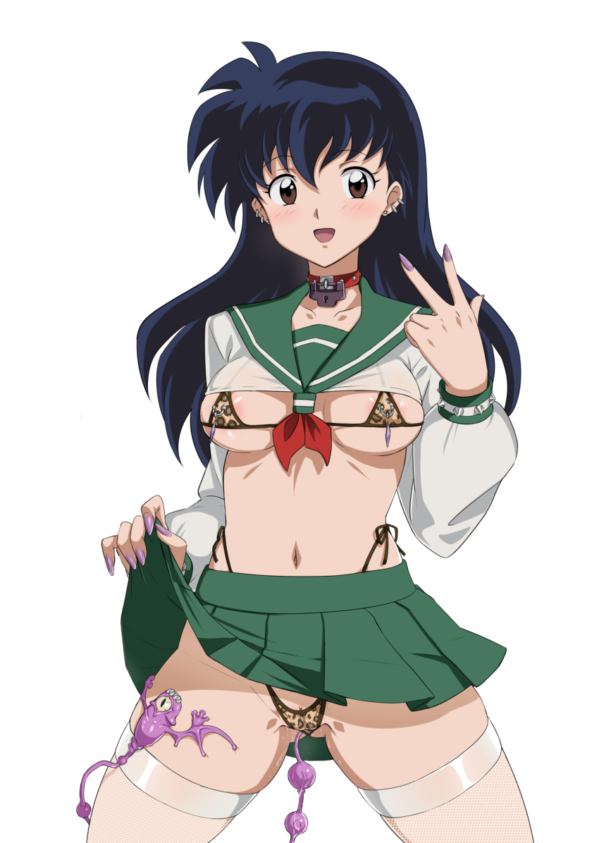 1girls black_hair breasts covered_nipples crop_top dildo female female_focus gozaru highleg highleg_panties highres inuyasha kagome_higurashi looking_at_viewer nipple_piercing nipples panties pussy revealing_clothes school_uniform sex_toy simple_background skirt skirt_lift slutty_outfit solo swimsuit thighhighs v white_background