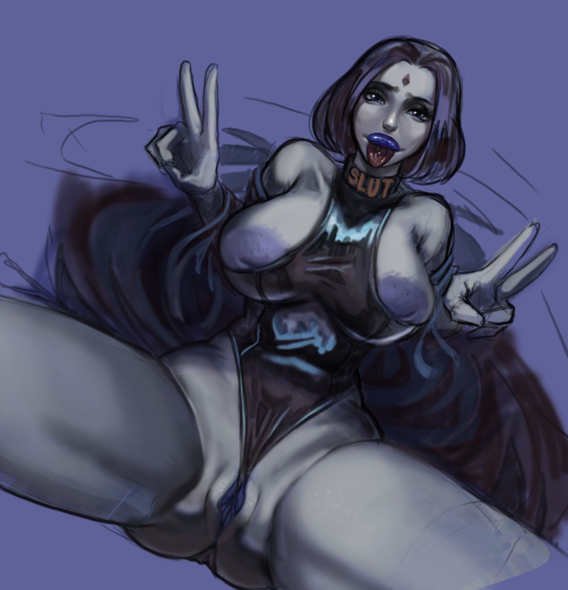 1girls, areolae, ass, big breasts, big lips, bimbo, breasts, bursting breasts, busty, choker, clothed female, dc, dc comics, double v, female, female focus, female only, grey skin, hourglass figure, huge areolae, inverted nipples, labia, large areolae, large breasts, lipstick, makeup, nipple slip, overflowing breasts, peace sign, piercing, pinup, pinup pose, pose, posing, puffy lips, purple eyes, purple hair, purple lipstick, pussy, rachel roth, raven (dc), short hair, skimpy, skimpy clothes, slut collar, solo, spread legs, swimsuit, teen titans, tight clothing, tongue, tongue out, tongue piercing, v, v sign, vagina, weakj, wide hips