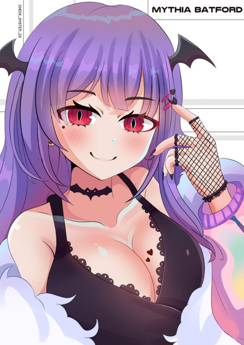 1girls bat bat_ears bat_girl bat_wings big_breasts black_bra female female_only fishnet fishnets heart heart_tattoo indie_virtual_youtuber light-skinned_female light_skin mythia_batford purple_hair red_eyes solo virtual_youtuber wanieunz028