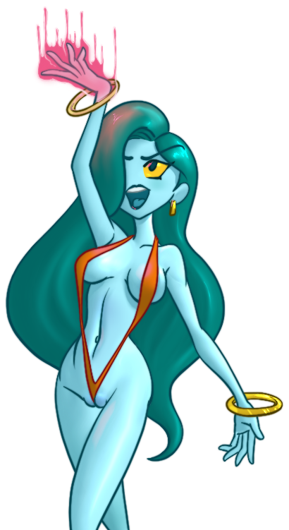 anthro bikini blue_hair blue_skin bracelet enter_the_gungeon female long_hair orange_bikini sling_bikini source_request spacechoochoo synergrace tagme