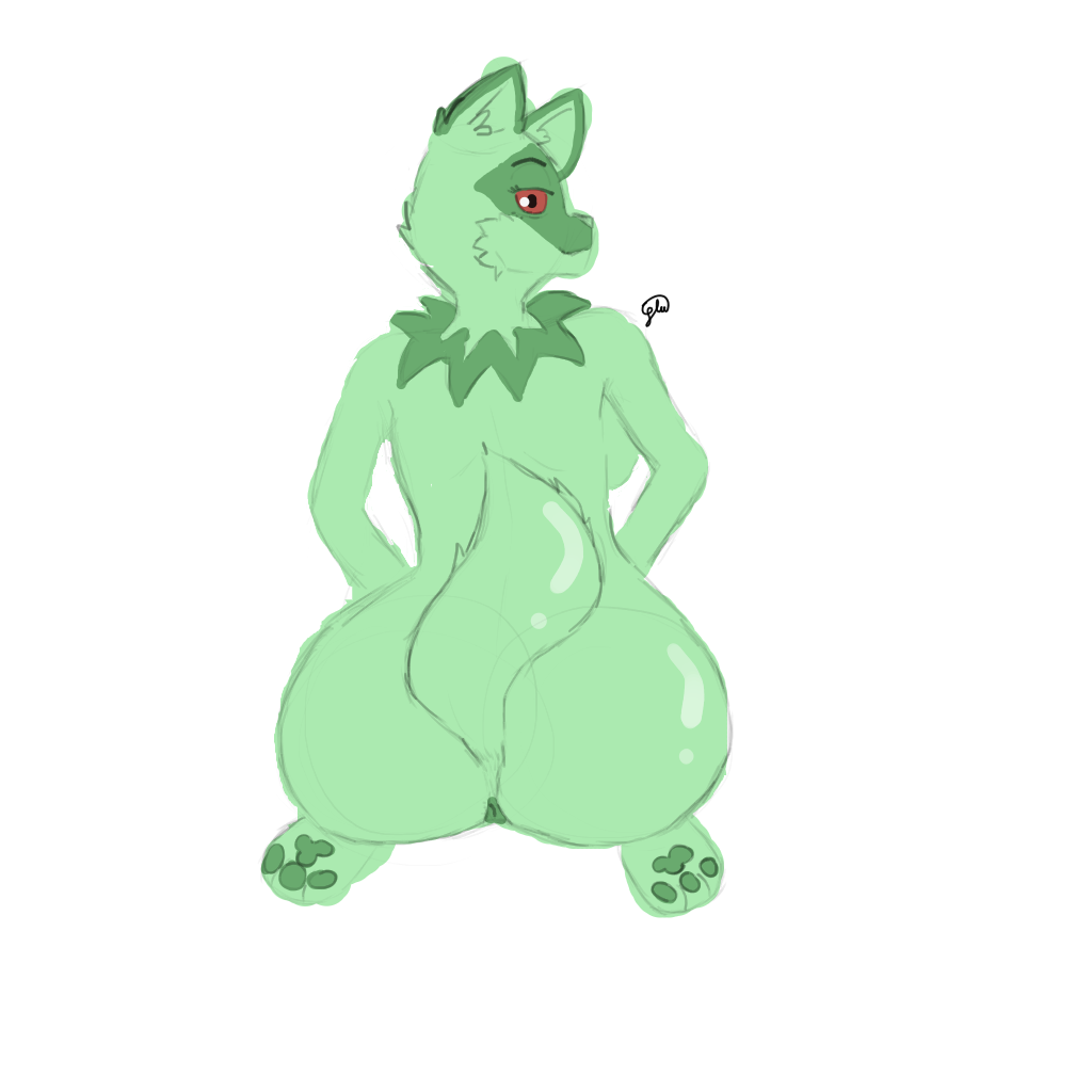 2022 anthro anthrofied ass big_butt feet female fluffy fluffy_tail fur furry furry_only glu_(artist) green_body green_fur head_to_side looking_at_viewer naked neck_tuft nintendo nude pawpads paws pokémon_(species) pokemon pokemon_sv rear_view red_eyes side_view sitting sitting_backwards smile solo solo_focus sprigatito tail tuft video_games white_background