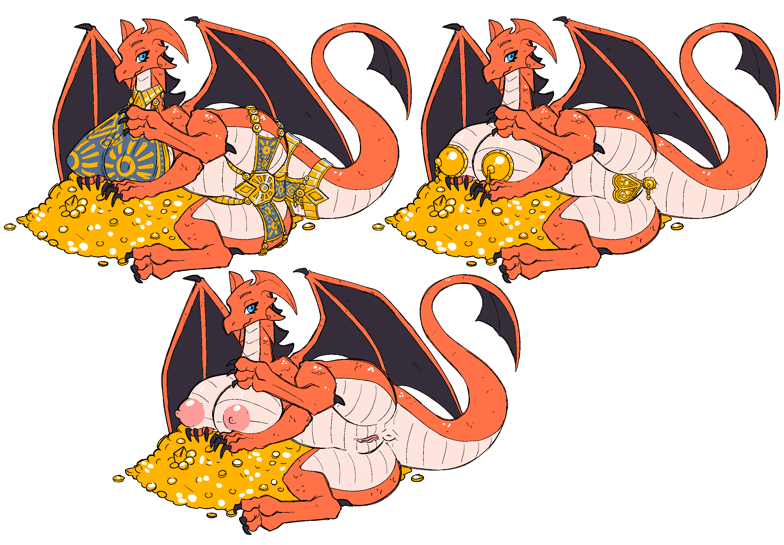 anthro anus big_breasts blue_eyes breasts buttplug dragon female feral genitals hi_res hoard huge_breasts jewelry nipples nude orange_body orange_scales pink_nipples plug_(sex_toy) puffy_anus pussy reptile scales scalie sex_toy thick_tail unknown_artist wings