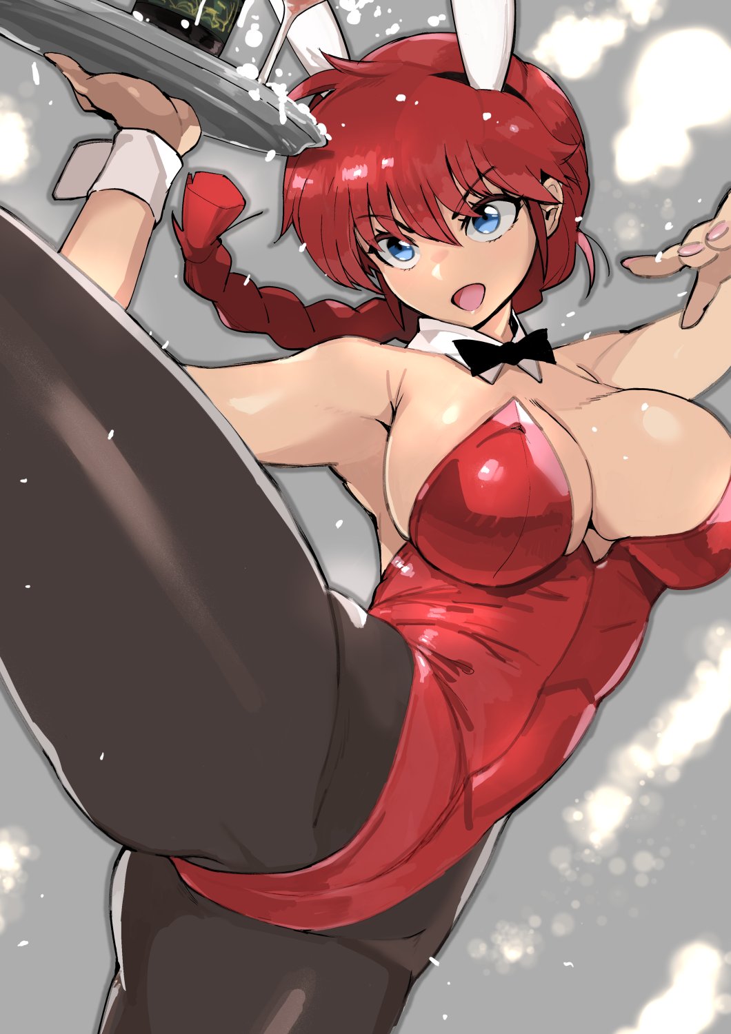 1girls, big breasts, blue eyes, braid, breasts, bunnysuit, cleavage, clothing, eyebrows visible through hair, female, large breasts, ranma 1/2, ranma saotome, ranma-chan, red hair, rule 63, shoohee, solo