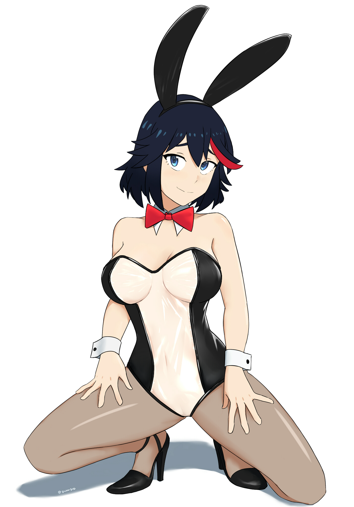 bunny ears, bunnysuit, fair skin, fair-skinned female, female, kill la kill, light skin, light-skinned female, matoi ryuuko, oksandio, transparent bunnysuit, white background
