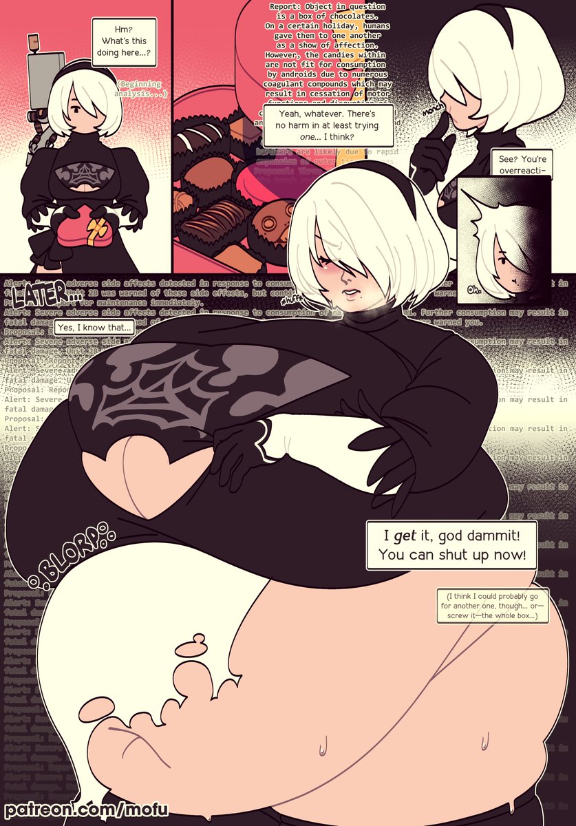 1girls, bbw, belly, belly button, big belly, big breasts, blush, breasts, chocolate, cleavage, fat, female, gloves, headband, huge belly, mofuuwafuwa, nier: automata, overweight, pod (nier), ripped clothing, stuffed, text, thick thighs, thighs, weight gain, white hair, yorha 2b