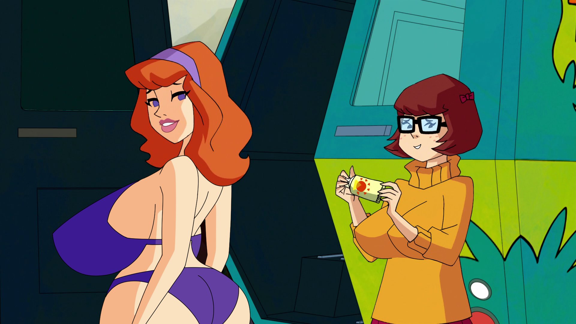 accurate art style, ass, bikini, bow in hair, breasts, daphne blake, edit, edited, edited screencap, embarrassed, female, gigantic ass, gigantic breasts, hanna-barbera, headband, huge breasts, large breasts, red hair, scooby-doo, screenshot edit, shy, sideboob, square glasses, sunscreen, sweater, velma dinkley, woot
