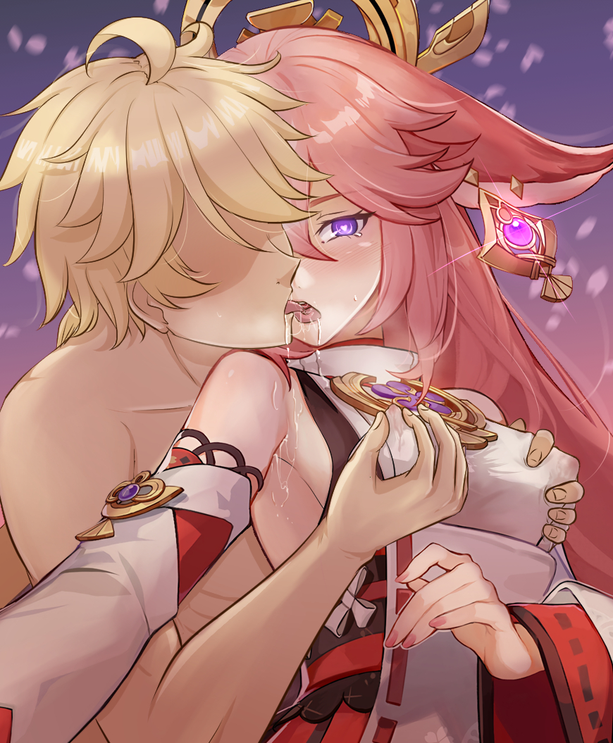 1boy, 1girls, aether (genshin impact), blonde hair, blush, breast grab, breasts, erect nipples, erect nipples under clothes, faceless male, female, french kiss, genshin impact, groping, heart, heart-shaped pupils, kissing, male, miko, nipple tweak, nipples, pink hair, purple eyes, saliva, saliva trail, straight, tongue, tongue out, yae miko