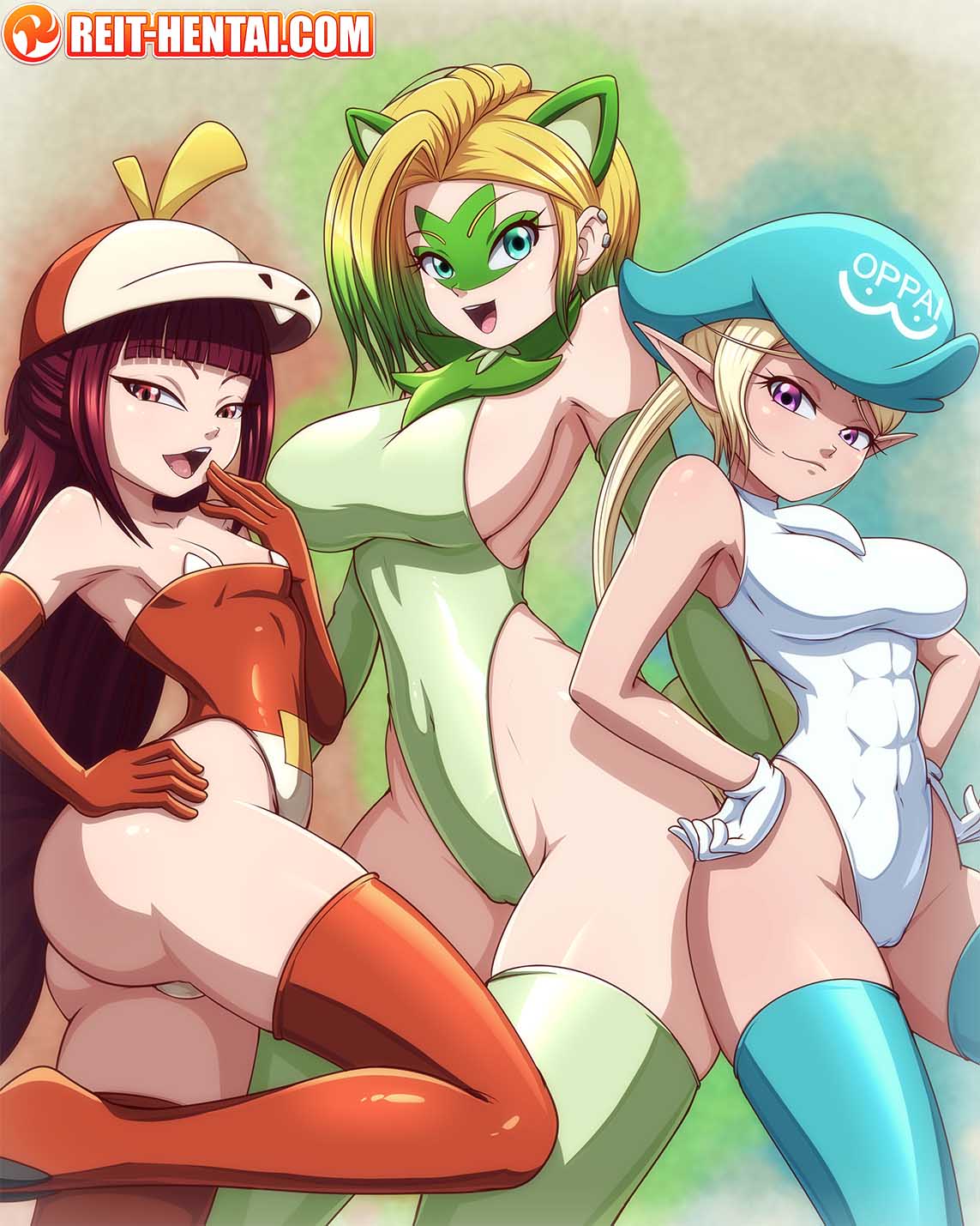 3girls abs abs_visible_through_clothing ass big_breasts blonde_hair blue_eyes cameltoe cat_ears cosplay elbow_gloves erin_(reit) eyebrows_visible_through_hair female female_only fuecoco fuecoco_(cosplay) game_freak gloves green_eyes green_highlights hands_on_hips hogator hogator_(cosplay) human_only kuwassu kuwassu_(cosplay) leotard long_hair looking_at_viewer medium_breasts multiple_girls muscular_female nintendo no_bra nyahoja nyahoja_(cosplay) oc original_character pointy_ears pokemon pokemon_(cosplay) pokemon_sv purple_eyes quaxly quaxly_(cosplay) red_eyes red_hair reit roxy_(reit) short_hair small_breasts smile sprigatito sprigatito_(cosplay) tama_(reit) thick_thighs thighhighs thighs tight_clothing trio two_tone_hair voluptuous wide_hips