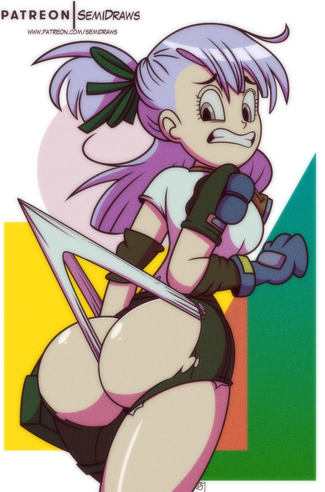 accidental exposure, ass, ass cleavage, ass crack, assisted exposure, big ass, big butt, bubble ass, bubble butt, bulma briefs, butt crack, dragon ball, dragon ball (classic), female, panties, ripped clothing, ripped shorts, semidraws, shorts, teenage bulma, teenager, thong, wardrobe malfunction, wedgie, wedgie fetish, wild rider suit