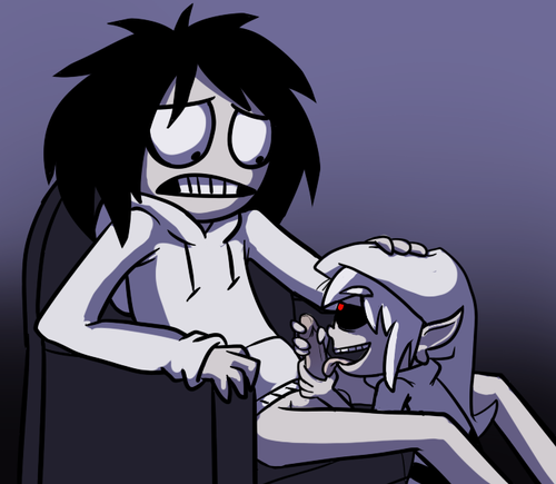 ben_drowned black_eyes black_hair blowjob creepypasta erect_penis erection hand_on_head jeff_the_killer licking long_hair male male_only oral oral_sex penis red_eyes sitting smile sofa sr_pelo tongue tongue_out yaoi