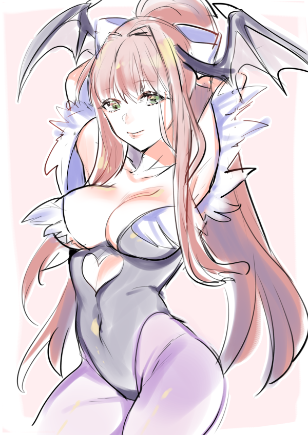 1girls, arms behind head, arms up, black leotard, bow, breasts, brown hair, clothing, cosplay, darkstalkers, demon, demon girl, demon wings, doki doki literature club, feathers, female, green eyes, kesaharus, large breasts, leotard, long hair, looking at viewer, medium breasts, monika (doki doki literature club), morrigan aensland (cosplay), navel, ponytail, purple stockings, simple background, smile, solo, standing, stockings, succubus, tied hair, vampire (game), white background, white bow