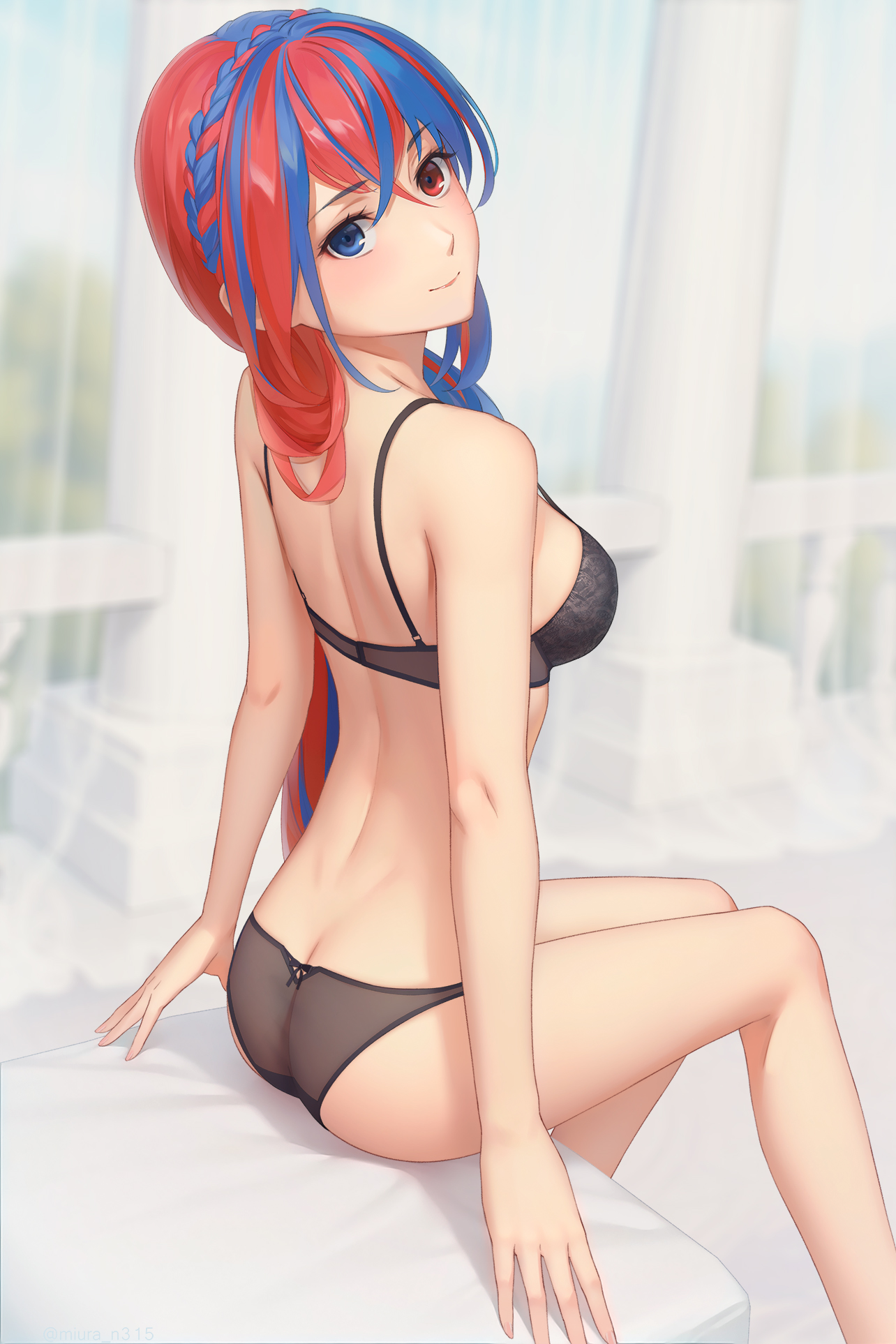 1girls, alear (fire emblem), alear (fire emblem) (female), ass, asymmetrical hair, bed, bedroom, black bra, black panties, black underwear, blue eyes, blue hair, blush, bra, braid, breasts, commentary, crossed bangs, crown braid, female, female only, fire emblem, fire emblem engage, from behind, hair between eyes, heterochromia, highres, light skin, light-skinned female, lingerie, long hair, looking at viewer, looking back, medium breasts, miura-n315, multicolored hair, nintendo, panties, red and blue hair, red eyes, red hair, see-through clothing, see-through panties, sitting, sitting on bed, smile, solo, split-color hair, two-tone hair, underwear, underwear only