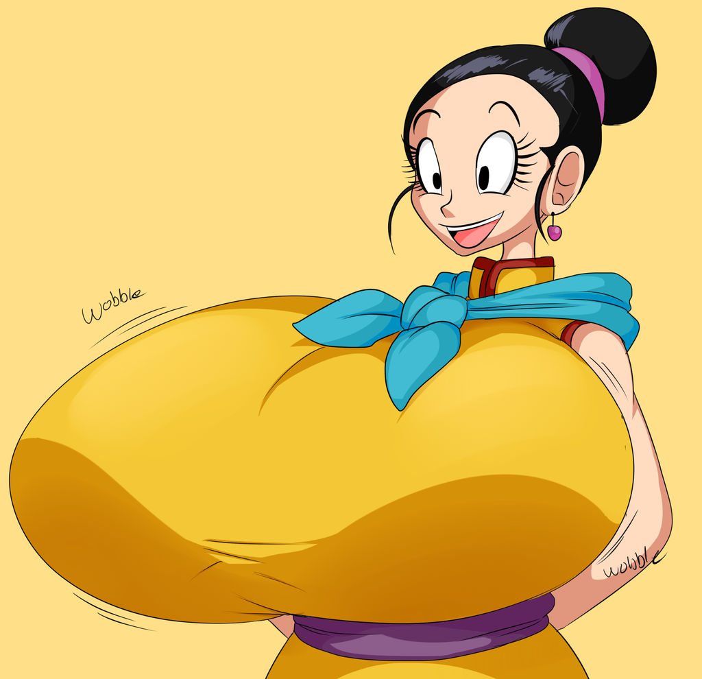1girls, bare shoulders, big breasts, black eyes, black hair, breast expansion, breast growth, breast growth (enlargement), breasts, chichi, clothed, clothes, clothing, denizen1414, dragon ball, dragon ball z, enormous breasts, eyebrows, eyelashes, female, female only, hair, happy, huge breasts, human, human only, humanoid, hyper breasts, large breasts, looking at breasts, massive breasts, milf, open mouth, shounen jump, simple background, solo, solo female, sound effects, teeth, text, tongue, top heavy, voluptuous, yellow background