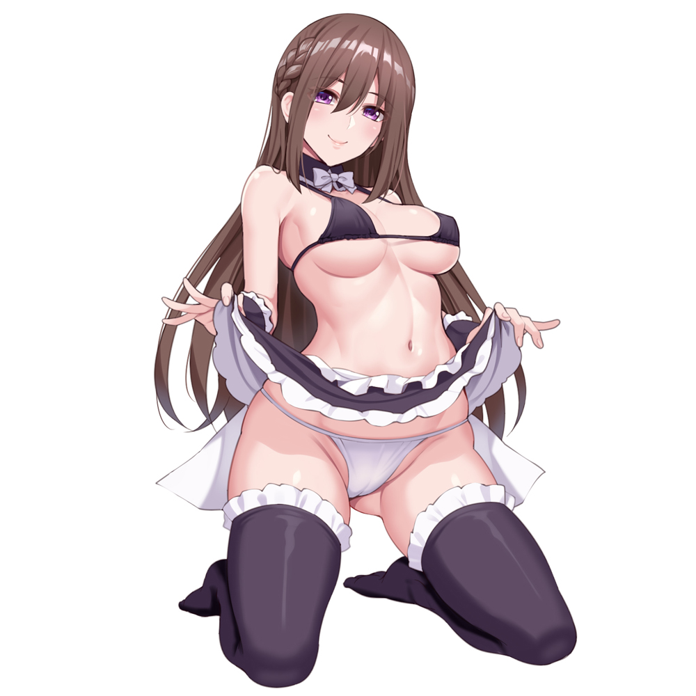 1girls ass_visible_through_thighs bangs black_legwear black_skirt blush breasts brown_hair cleavage closed_mouth clothes_lift commentary_request eyebrows_visible_through_hair female full_body hair_between_eyes huyumitsu kneeling lifted_by_self long_hair looking_at_viewer medium_breasts original panties purple_eyes simple_background skirt skirt_lift smile solo thighhighs thighs underboob underwear white_background white_panties