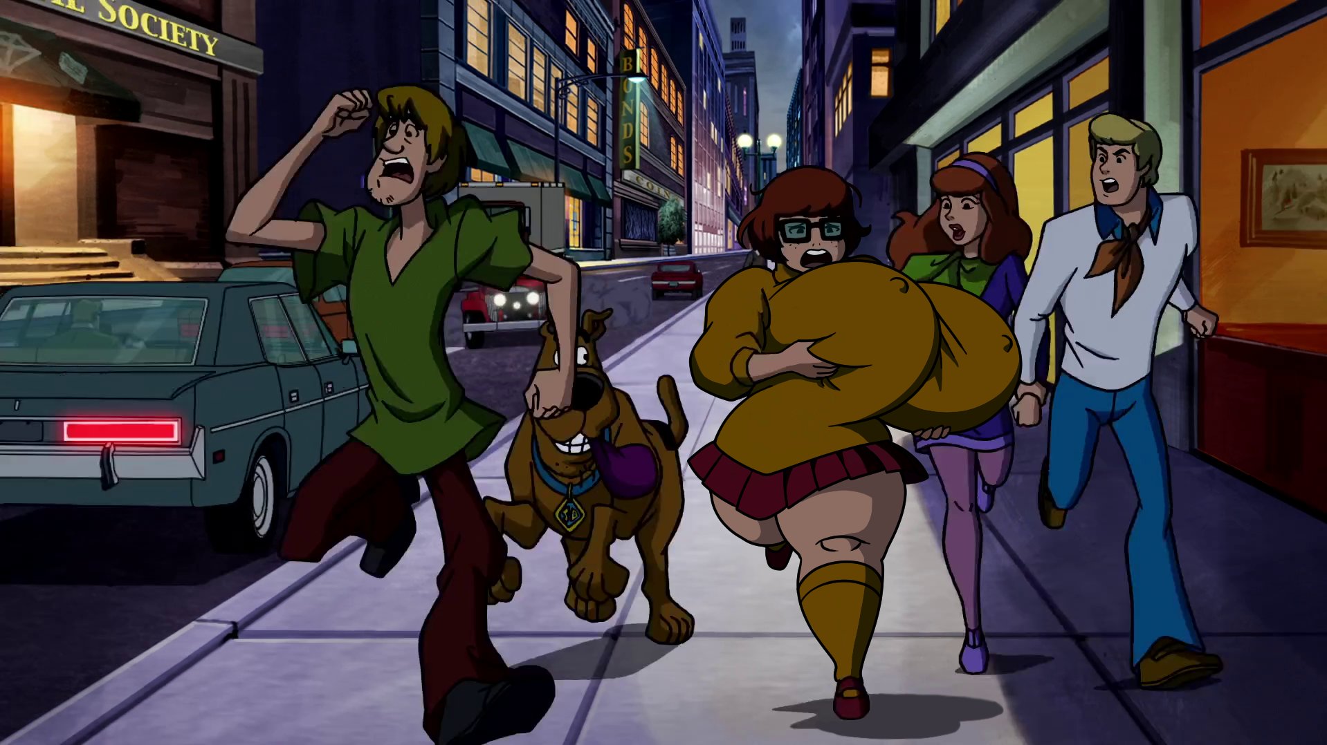 accurate art style, breasts, chubby, daphne blake, edit, edited, edited screencap, female, fred jones, gigantic breasts, hanna-barbera, headband, holding breasts, huge breasts, nipple bulge, obese, pokies, running, scooby-doo, scooby-doo (character), screenshot edit, shaggy rogers, skirt, square glasses, sweater, thick thighs, velma dinkley, woot, wrist grab