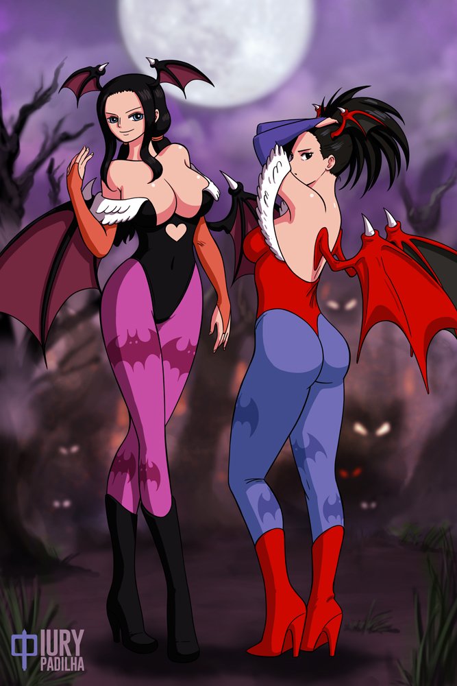 2girls, ass, bangs, black boots, black eyes, black hair, black leotard, black-haired female, blue eyes, blue stockings, boots, breasts, clothing, cosplay, crossover, darkstalkers, demon, demon girl, demon wings, duo, feathers, female, female only, gloves, high heel boots, iury padilha, large breasts, leotard, lilith aensland (cosplay), long hair, looking at viewer, medium breasts, momo yaoyorozu, morrigan aensland (cosplay), my hero academia, nico robin, one piece, ponytail, purple gloves, red boots, red leotard, small breasts, smile, spiky hair, standing, succubus, tied hair, vampire (game)