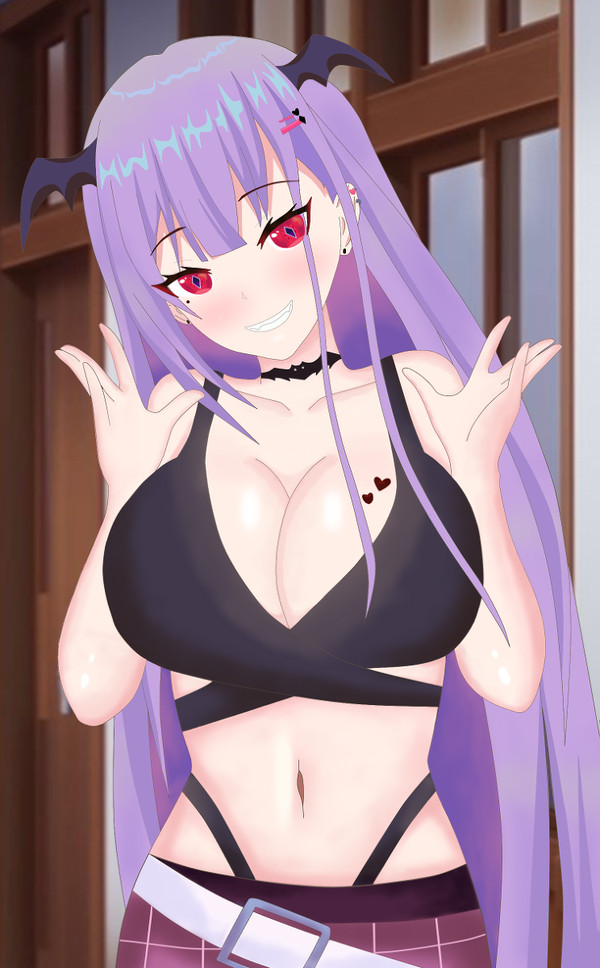 1girls armpits background bat bat_ears bat_wings big_breasts black_bra black_collar female female_only formie mythia_batford purple_hair red_eyes solo stomach succubus vampire virtual_youtuber