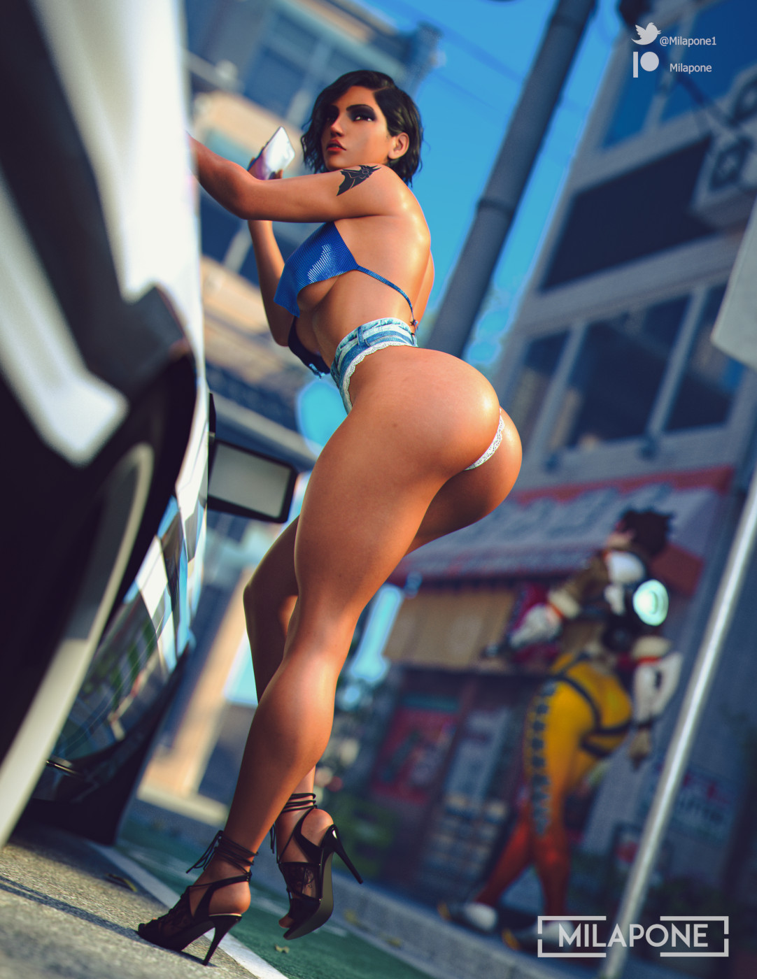 1girls, 3d, 3d (artwork), bare legs, bare midriff, bare thighs, blizzard entertainment, breasts, dark skin, dark-skinned female, female, female only, hi res, high heels, looking at viewer, midriff, milapone, open toe shoes, overwatch, pharah, short hair, shorts, thick thighs, tracer, underboob, wide hips