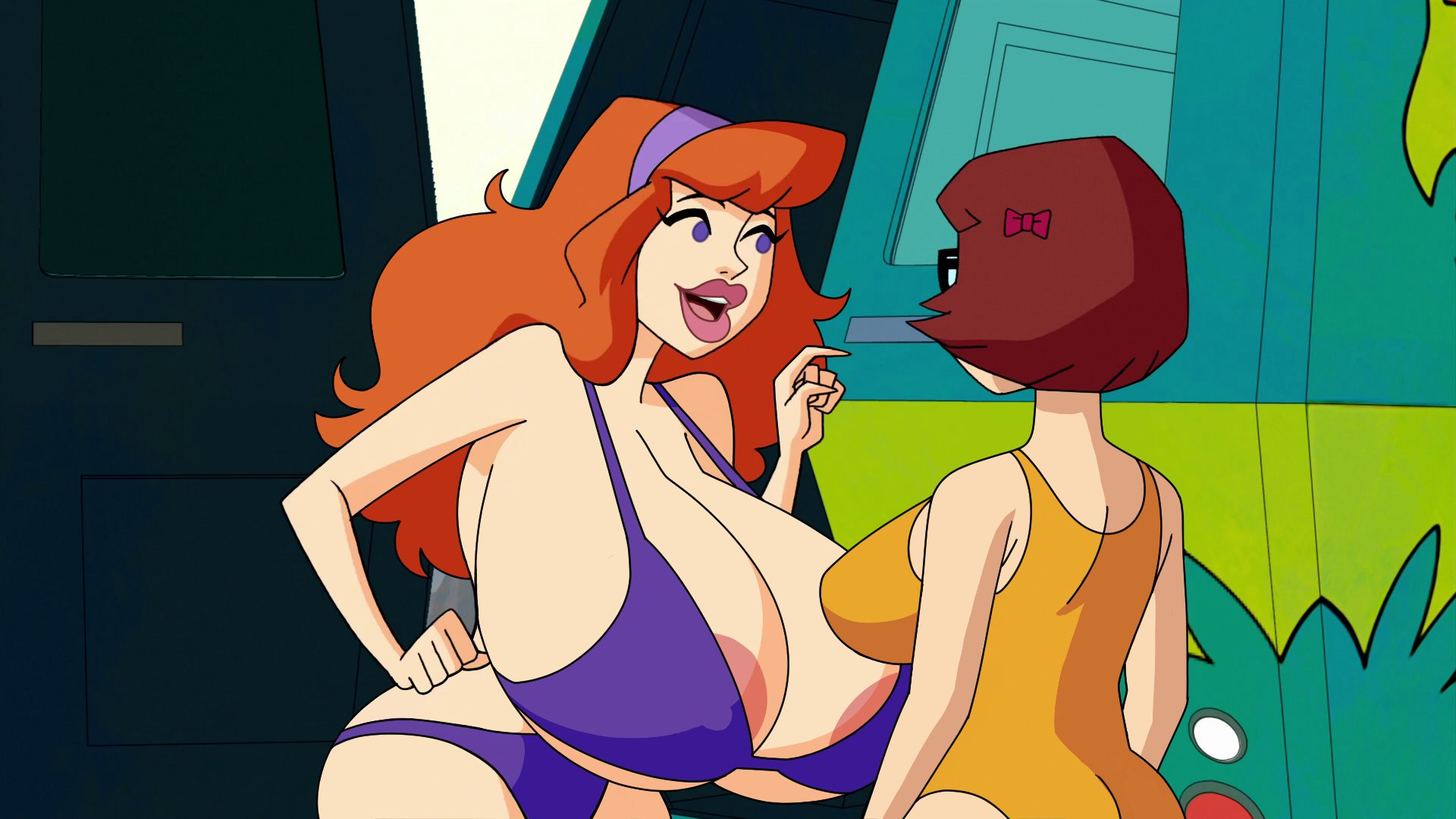 accurate art style, areola slip, big breasts, big lips, bikini, bow in hair, breasts, cleavage, daphne blake, edit, edited, edited screencap, female, hanna-barbera, headband, huge breasts, hyper breasts, large breasts, one-piece swimsuit, red hair, scooby-doo, screenshot edit, sideboob, velma dinkley, visible areolae, visible nipples, wide hips, woot