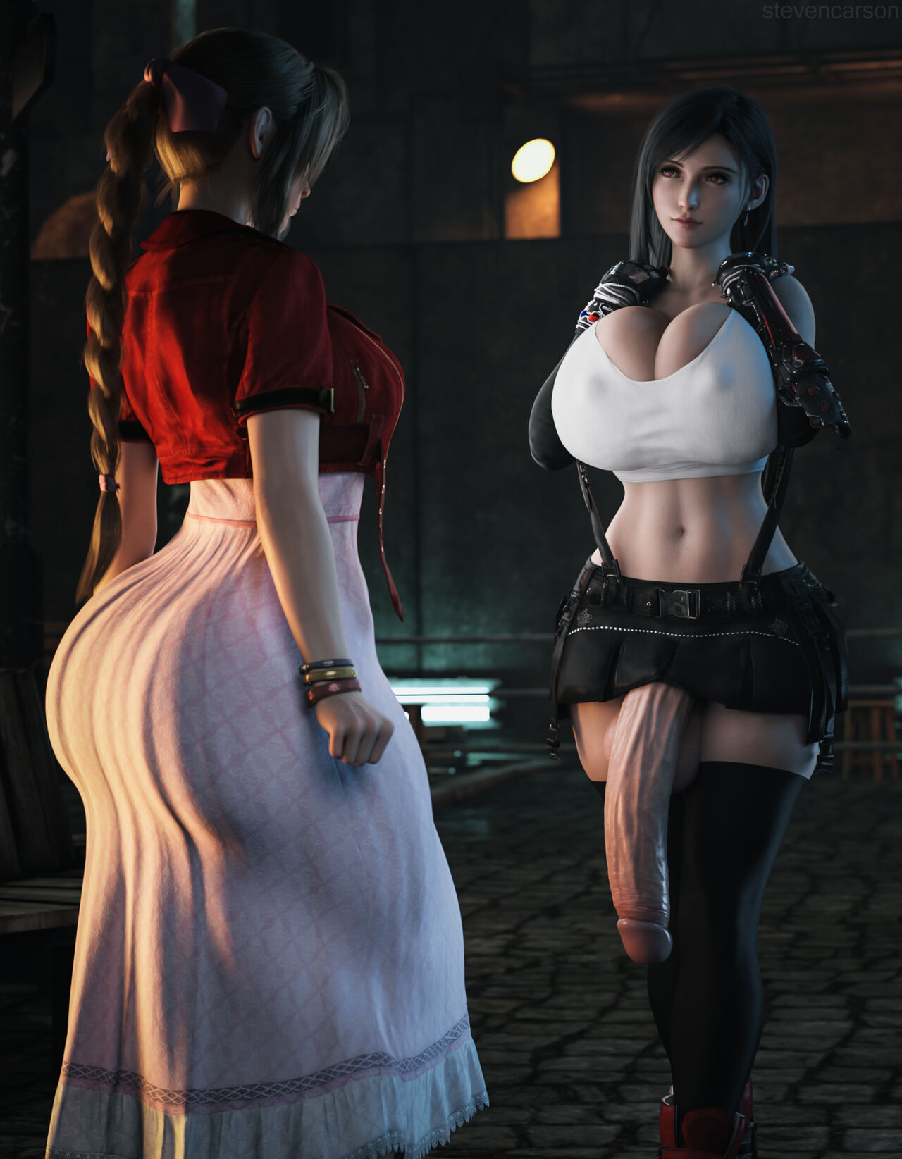 2futas, 3d, abs, aerith gainsborough, ass, ass in dress, balls, big ass, big balls, big breasts, big penis, bow hairband, braided hair, breasts, casual exposure, casual nudity, dress, final fantasy, final fantasy vii, futa only, futa with futa, futanari, huge breasts, huge penis, ineffective clothing, ineffective skirt, intersex, nipple bulge, penis, penis to the knees, stevencarson, stockings, tifa lockhart, veins, veiny penis