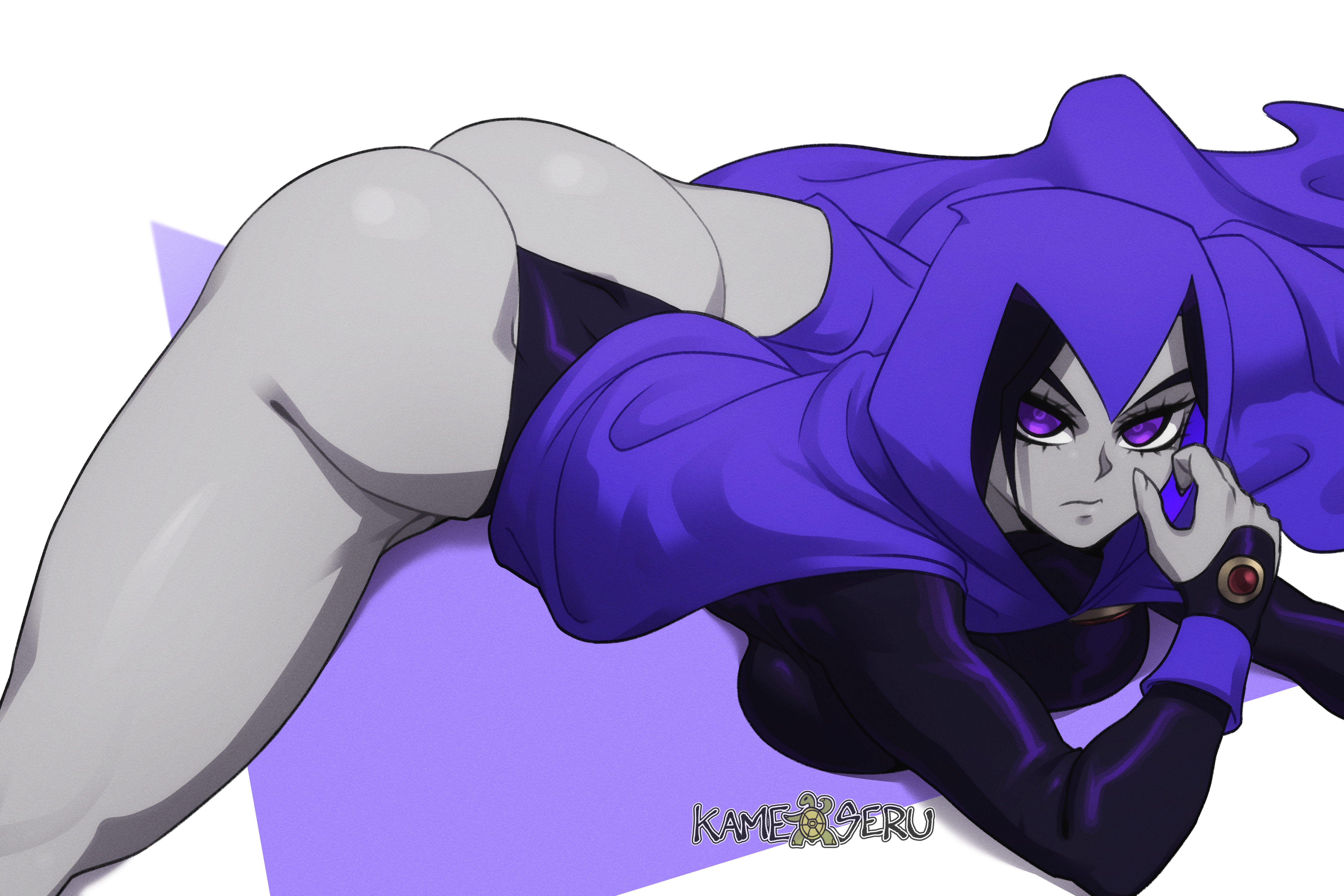 1girls, ass, big ass, big breasts, big butt, breasts, cape, dc, dc comics, eye contact, female, kameseru, leotard, looking at viewer, purple eyes, purple hair, rachel roth, raven (dc), short hair, smooth skin, teen titans, thick thighs, thighs