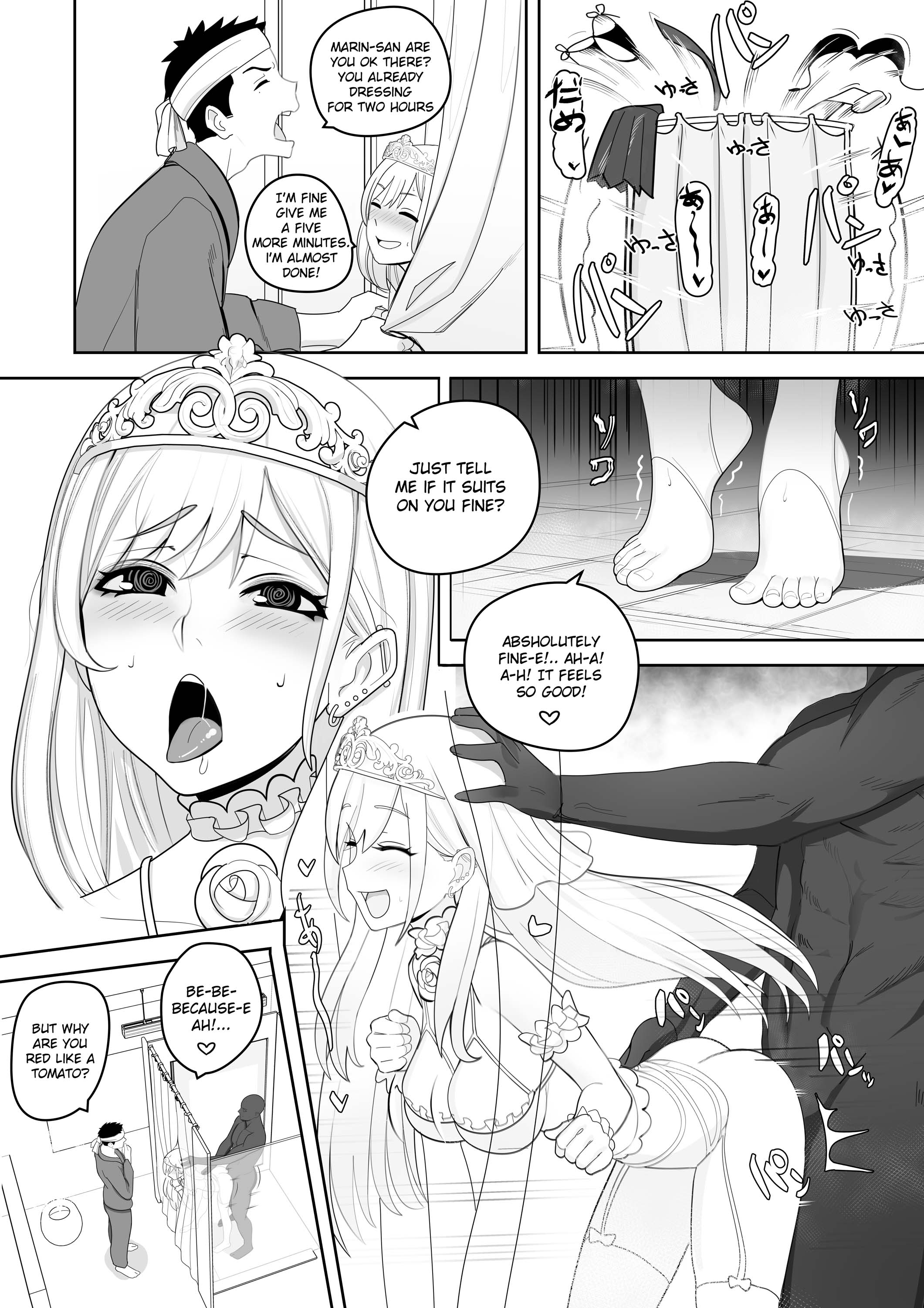 1girls, 2boys, ahe gao, bent over, blonde hair, bottomless, cheating on wedding day, clothed female nude male, comic, cuckold, dark skin, dark-skinned male, english text, feet, female, fringe, from behind, gojou wakana, gyaru, hidden sex, interracial, kitagawa marin, male, monochrome, netorare, ntr, petite, pink eyes, pussy, queen of spades, red hair, rezodwel, sex, sono bisque doll wa koi wo suru, spade tattoo, standing sex, two-tone hair, vaginal penetration, wedding dress, wedding lingerie, wedding tiara, wedding veil