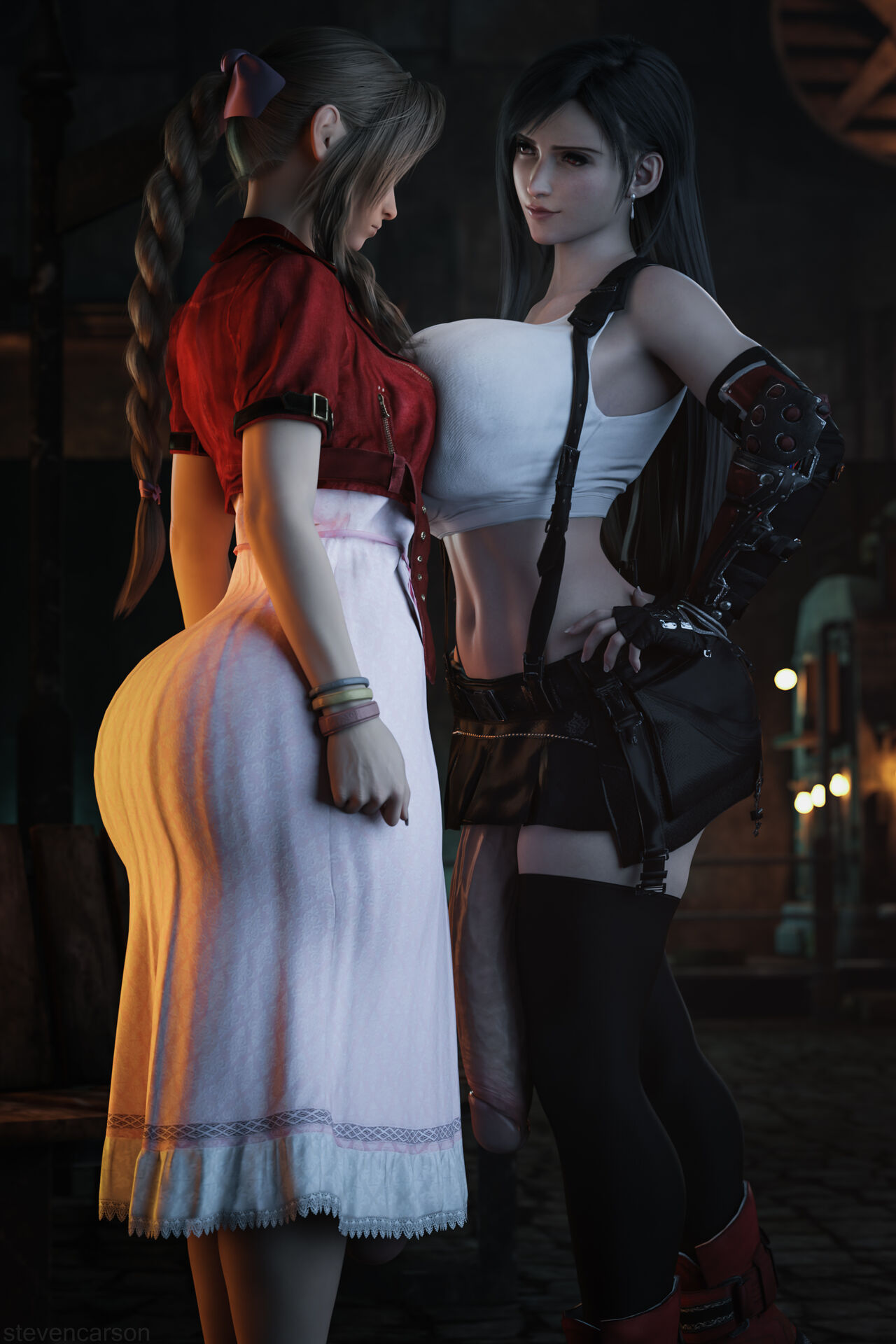 2futas, 3d, aerith gainsborough, ass, ass in dress, balls, big ass, big balls, big breasts, big penis, breasts, casual exposure, casual nudity, clothed, clothing, final fantasy, final fantasy vii, fully clothed, futa only, futa with futa, futanari, huge cock, ineffective clothing, ineffective skirt, intersex, light skin, light-skinned futa, mostly clothed, penis, penis to the knees, stevencarson, tifa lockhart