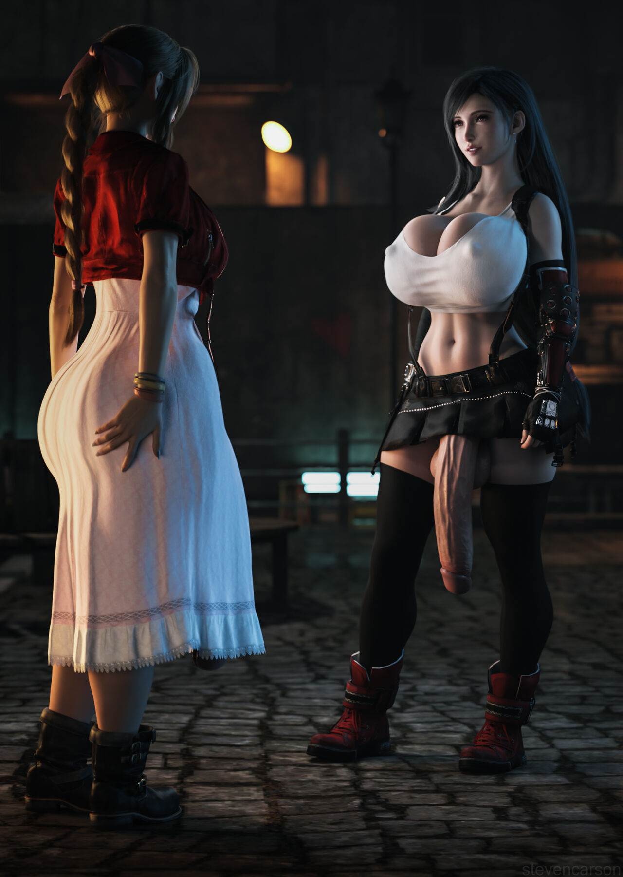 2futas, 3d, aerith gainsborough, ass, balls, balls out, big ass, big balls, big breasts, big penis, black stockings, bow hairband, braided hair, breasts, casual exposure, casual nudity, final fantasy, final fantasy vii, futa only, futa with futa, futanari, huge breasts, huge penis, ineffective clothing, ineffective skirt, intersex, penis, penis out, penis to the knees, stevencarson, stockings, tifa lockhart