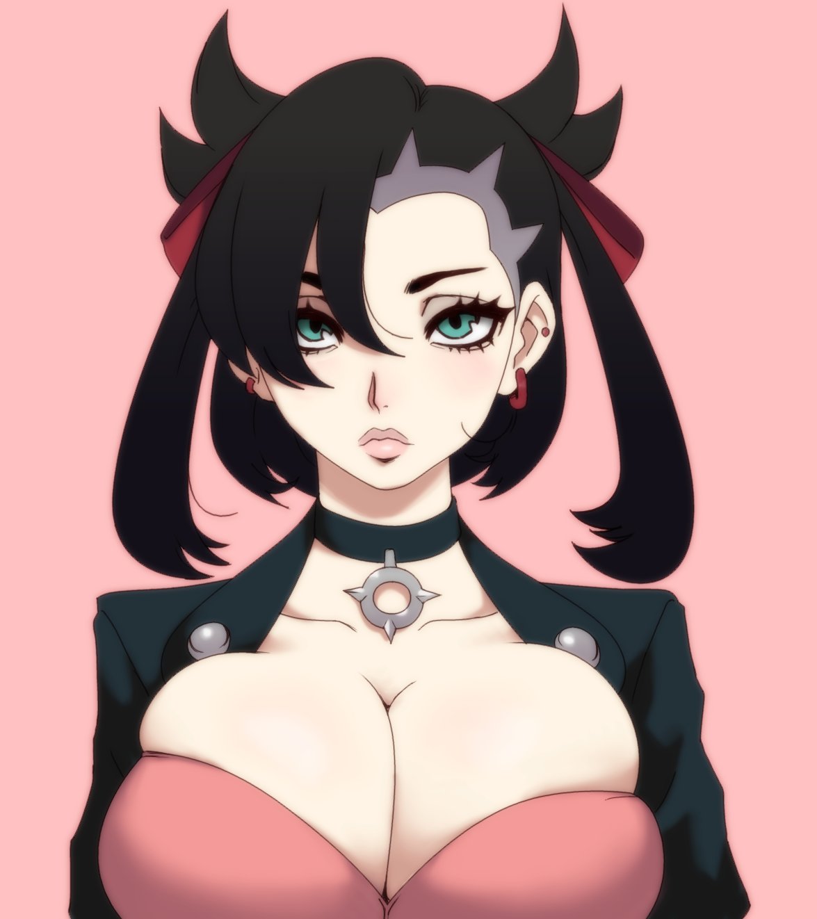 alternate breast size, big breasts, breasts, choker, cleavage, clothing, dark hair, earrings, female, game freak, goth, goth girl, green eyes, hair ribbon, huge breasts, jacket, jay-marvel, leather jacket, looking at viewer, marnie (pokemon), pale skin, pokemon, pokemon ss, pout, solo, solo female, twintails