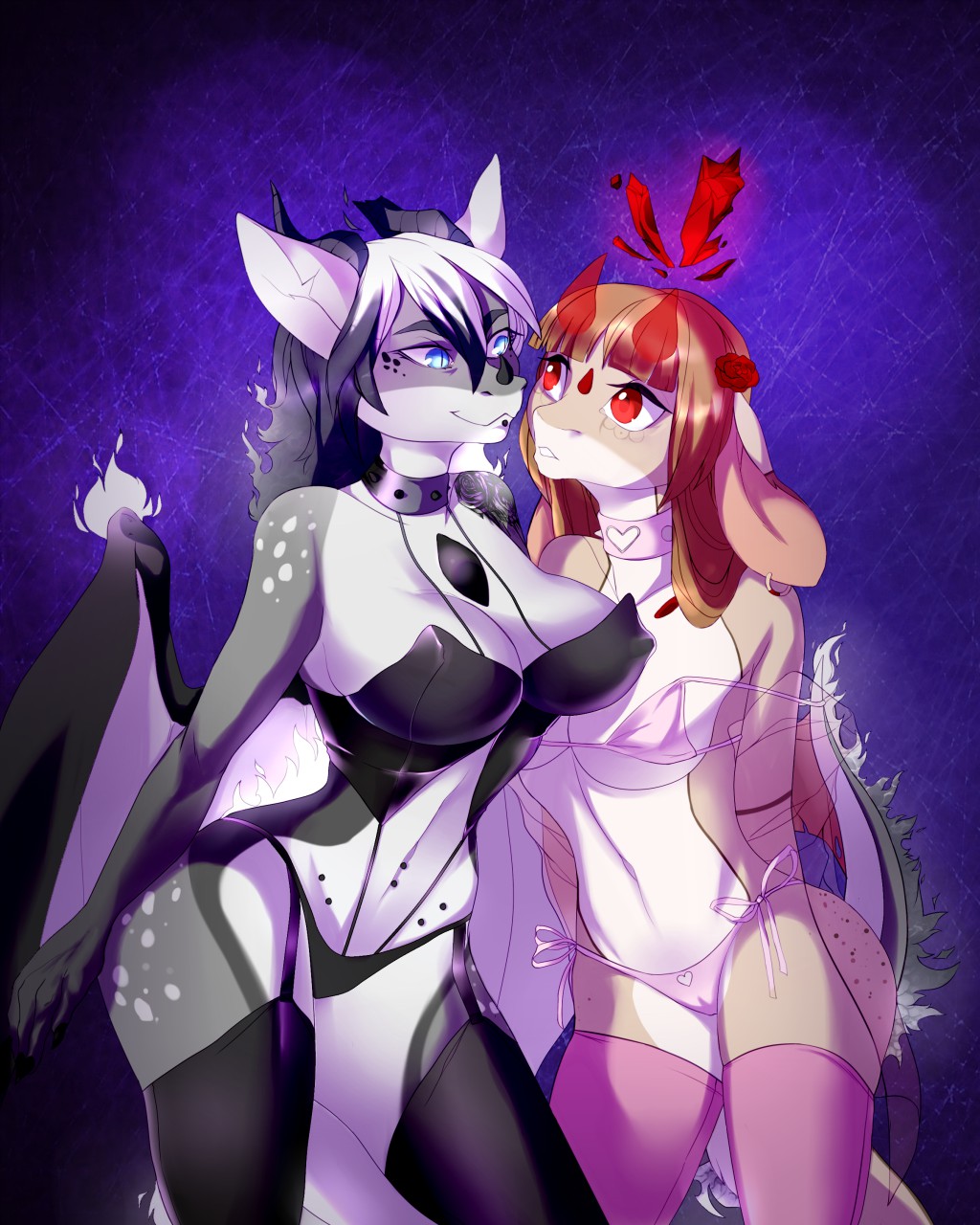 belly_piercing bikini black_hair black_panties blue_eyes bovine bovine_humanoid bunnysuit chin_piercing dragon dragoness ear_piercing eclipse_(scarlet-drake) eyebrows eyelashes female female_only flaming_hair flaming_tail flower_on_head grey_body hands_behind_back height_difference horns lingerie looking_at_partner looking_up_at_partner neckwear nipples_visible_through_clothing nose_horn panties pink_panties pink_stockings purple_background red_eyes scalie scalie_humanoid schnellentod smiling_at_partner spiked_collar standing stockings tan_body tattoo tattooed_arm teeth teeth_showing unknown_character white_body white_hair white_scales white_sclera wings