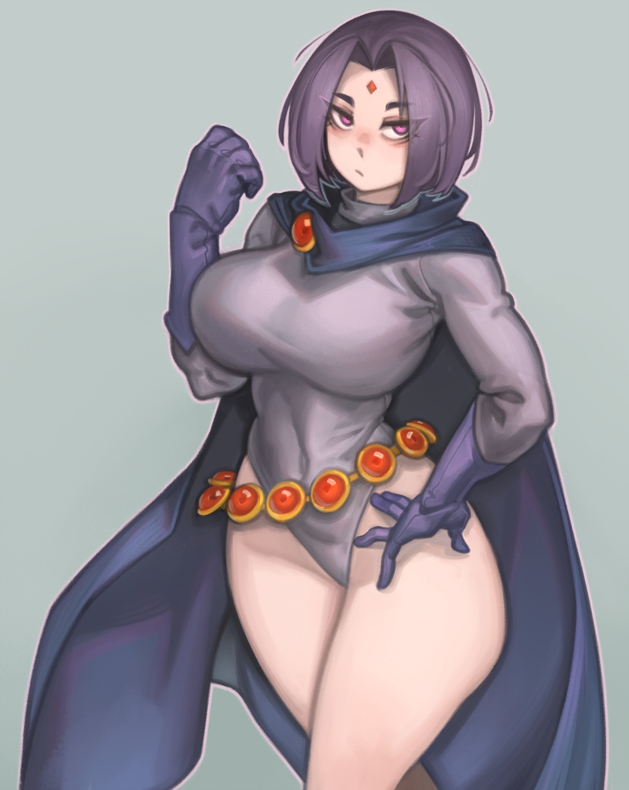 1girls, bare legs, cloak, clothed, clothed female, clothing, dc, dc comics, female, forehead jewel, gloves, handwear, human, kelvin hiu, leotard, looking at viewer, nonsexual, outerwear, pale skin, purple eyes, purple hair, rachel roth, raven (dc), short hair, solo, straight hair, teen titans, wide hips