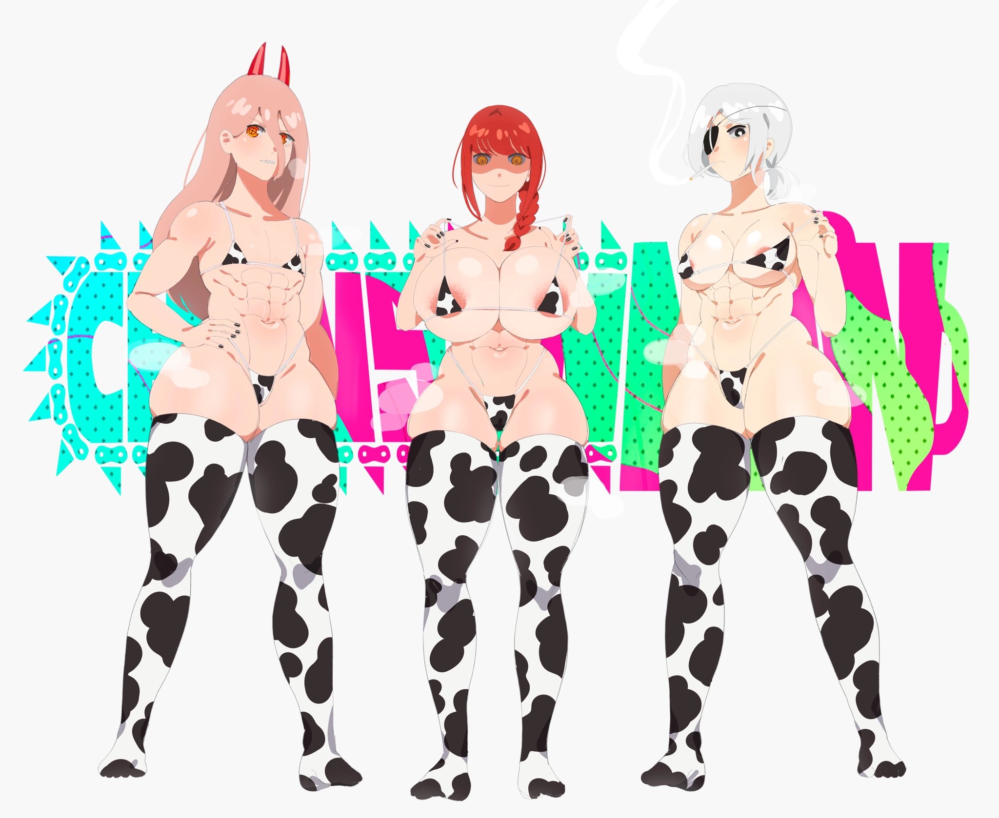 3girls, alternate version available, big breasts, braided hair, breasts, chainsaw man, cigarette, cow bikini, cow print, demon, demon girl, eyepatch, female, female only, flat chest, horns, huge breasts, long hair, makima (chainsaw man), mawiedz, pink hair, power (chainsaw man), quanxi (chainsaw man), red hair, standing, thick thighs, thighhighs, thighs, thong, white hair, wide hips