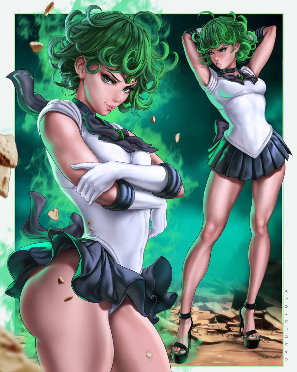 1girls ass bishoujo_senshi_sailor_moon clothing cosplay dandon_fuga embarrassed green_hair heels high_heels long_legs one-punch_man open_toe_shoes platform_heels sailor_moon_(cosplay) sailor_uniform shoes short_hair skirt small_breasts tatsumaki upskirt