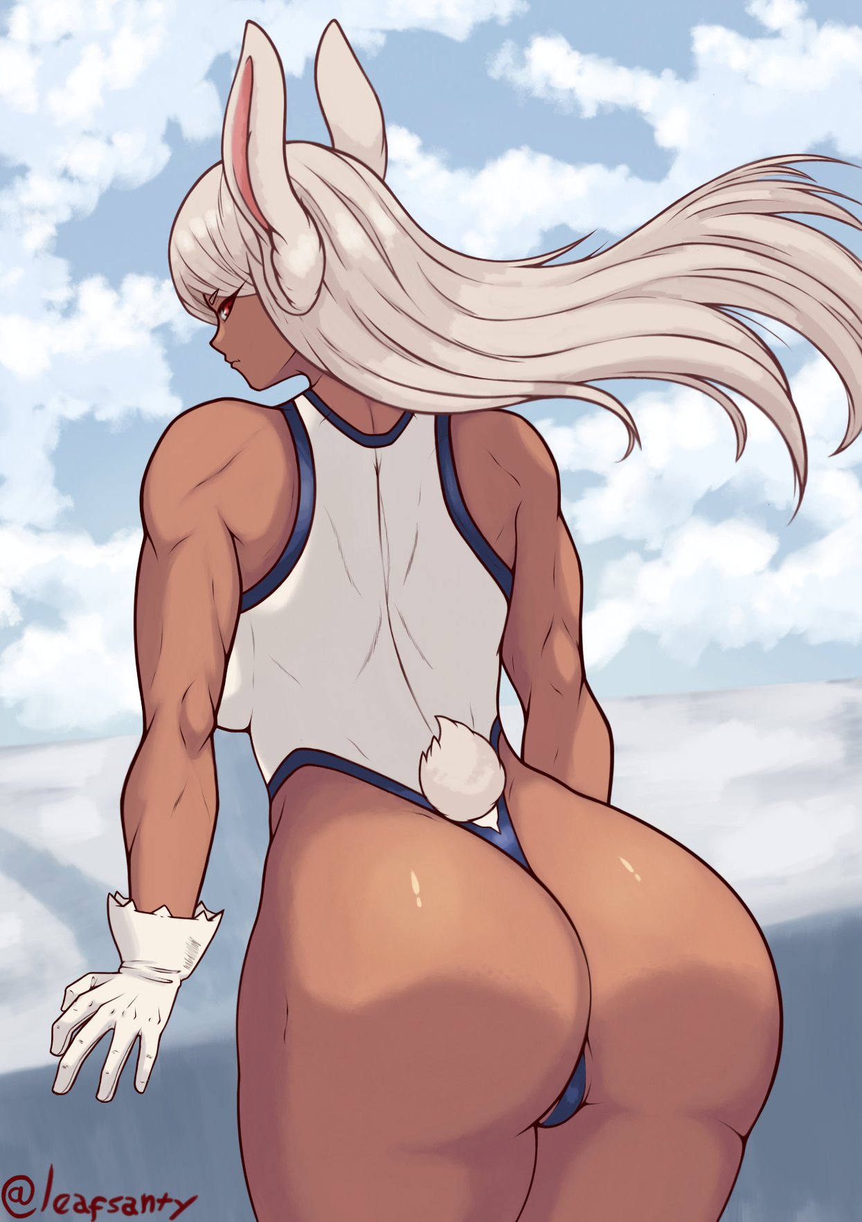 animal ears, artist name, ass, ass focus, big ass, breasts, dark skin, dark-skinned female, female, from behind, gloves, highres, huge ass, leafsanty, leotard, long hair, looking at viewer, looking back, miruko, my hero academia, partially visible vulva, pussy, rabbit ears, rabbit girl, rabbit tail, red eyes, rumi usagiyama, sky, thick thighs, thighs, white gloves, white hair, white leotard