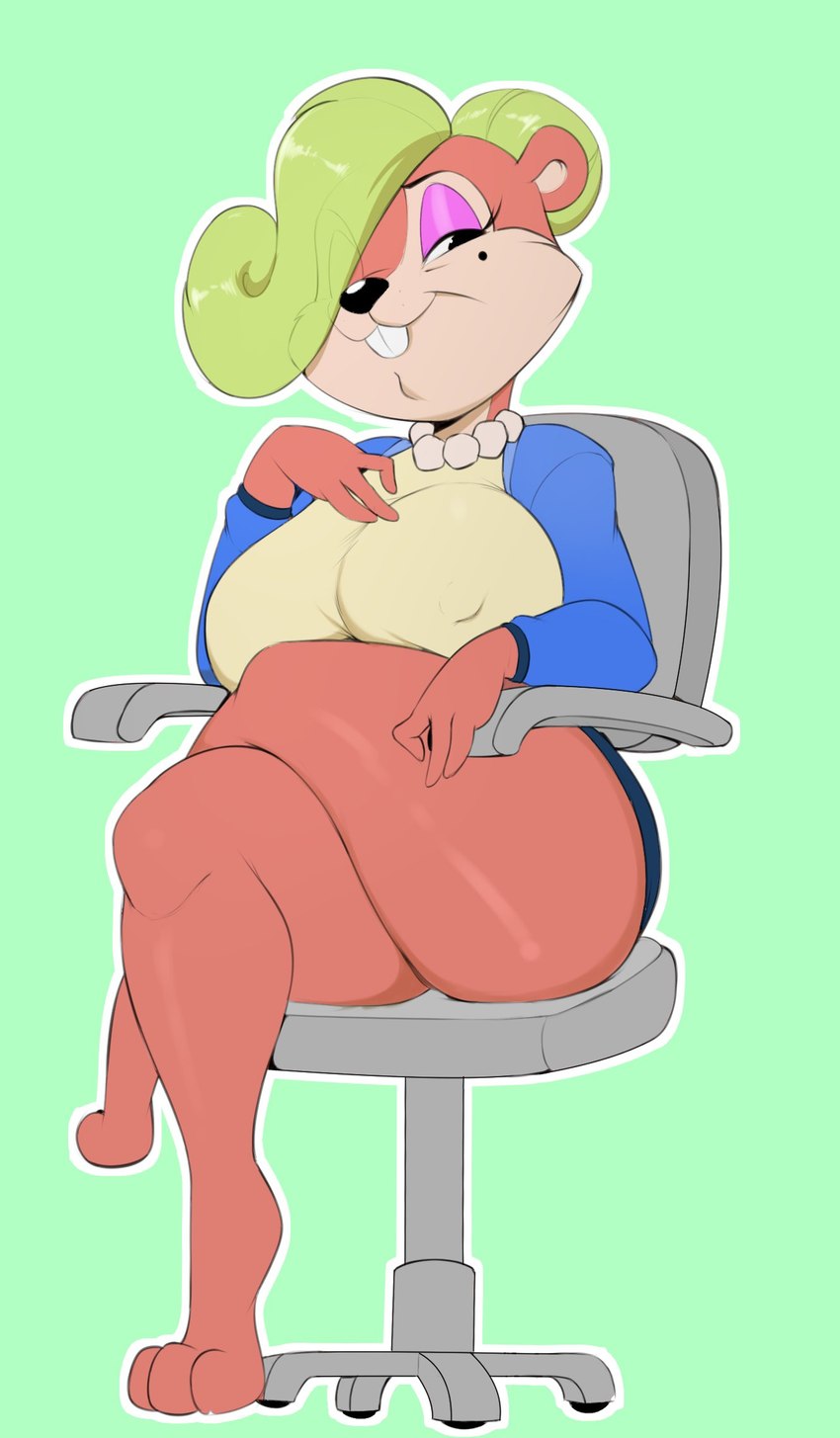 2022 anthro bit-maki breasts chipmunk clothed clothing conker's_bad_fur_day curvy female female_focus female_only fur furry furry_only green_background habbi legs legs_crossed milf rareware sitting solo thick thick_thighs thighs usnarbit