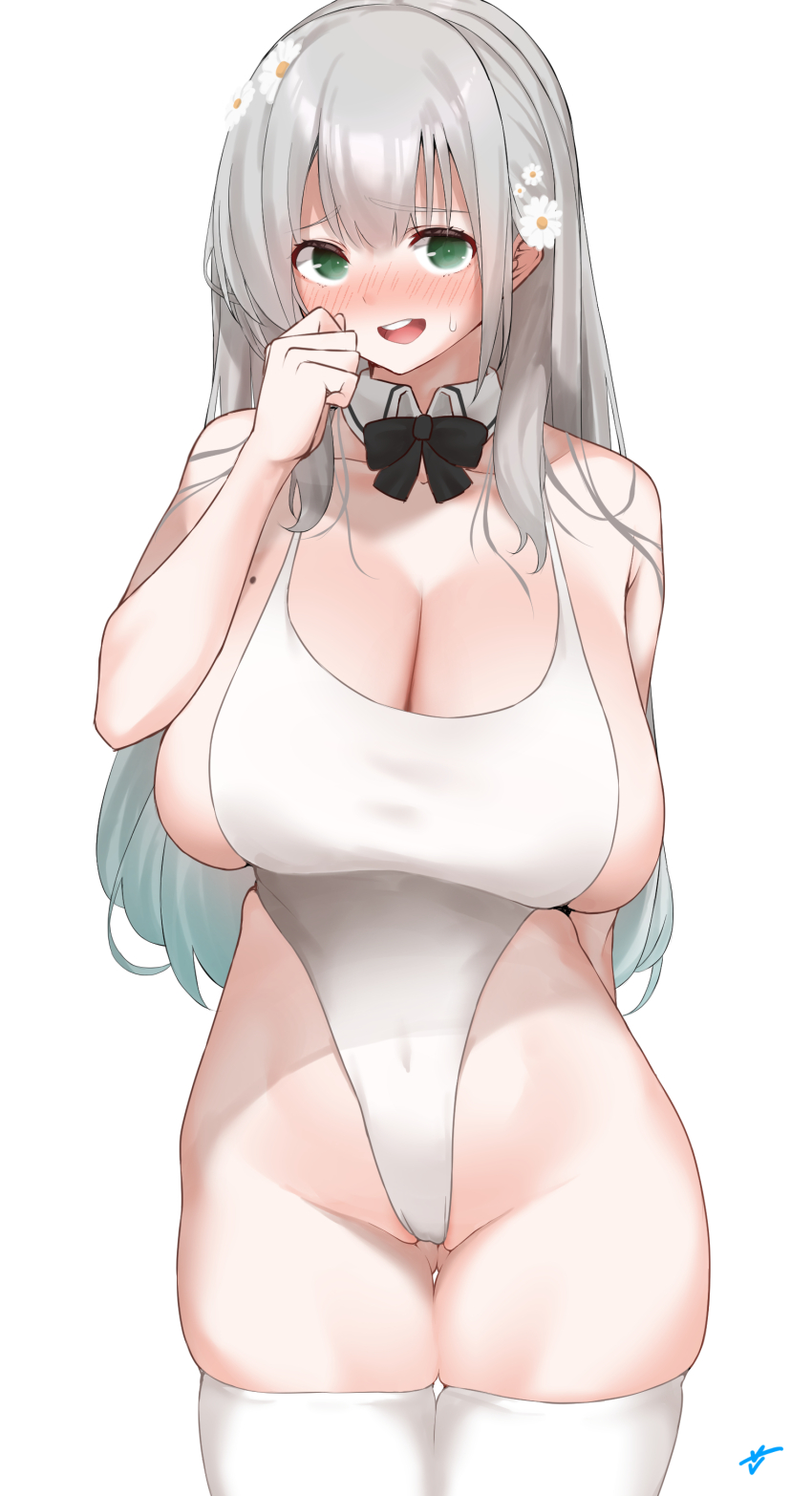 1girls 2021 artist_signature bare_shoulders big_breasts blush bow breasts c@rbon cleavage detached_collar eyebrows eyelashes female female_focus female_only flower_in_hair green_eyes grey_hair highleg_swimsuit hololive hololive_fantasy hololive_japan legwear long_hair looking_at_viewer mole mole_on_breast one-piece_swimsuit shirogane_noel solo solo_female standing swimsuit swimwear virtual_youtuber white_background white_legwear white_one-piece_swimsuit white_swimsuit white_swimwear