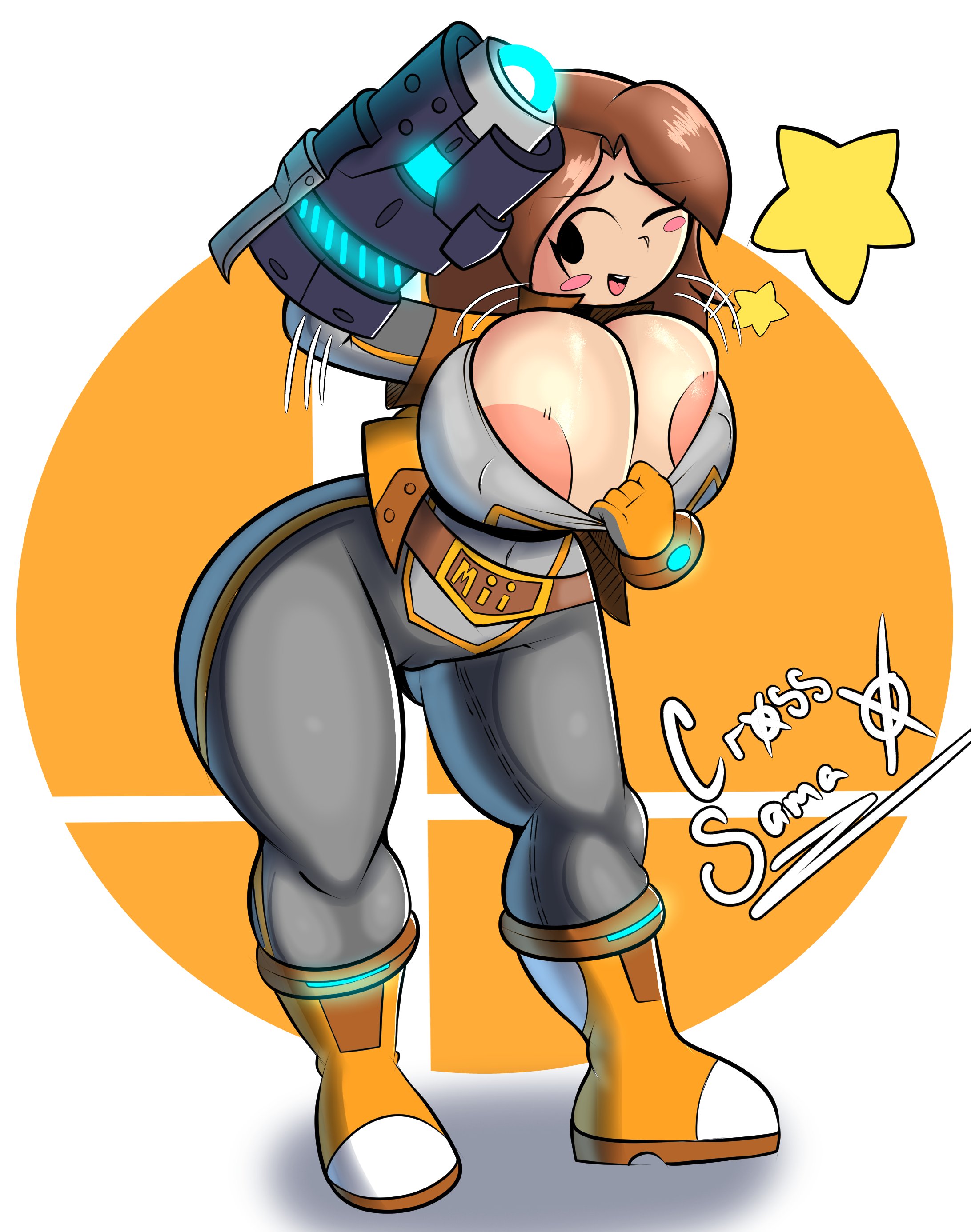 1girls, areola, areola slip, areolae, arm cannon, belt, big breasts, blush, boots, bouncing breasts, breasts, brown hair, cameltoe, cannon, cross samax, female, female only, flirting, furrowed brow, happy, hips, jumpsuit, large breasts, leaning forward, mii, mii gunner, mii gunner (smash ultimate), mob face, nintendo, nipple bulge, no bra, one eye closed, open mouth, open smile, pose, posing, pulled by self, pussy, shirt pull, skin tight, smash logo, smile, solo, solo female, star, super smash bros., super smash bros. for nintendo 3ds and wii u, super smash bros. ultimate, wide hips, wink